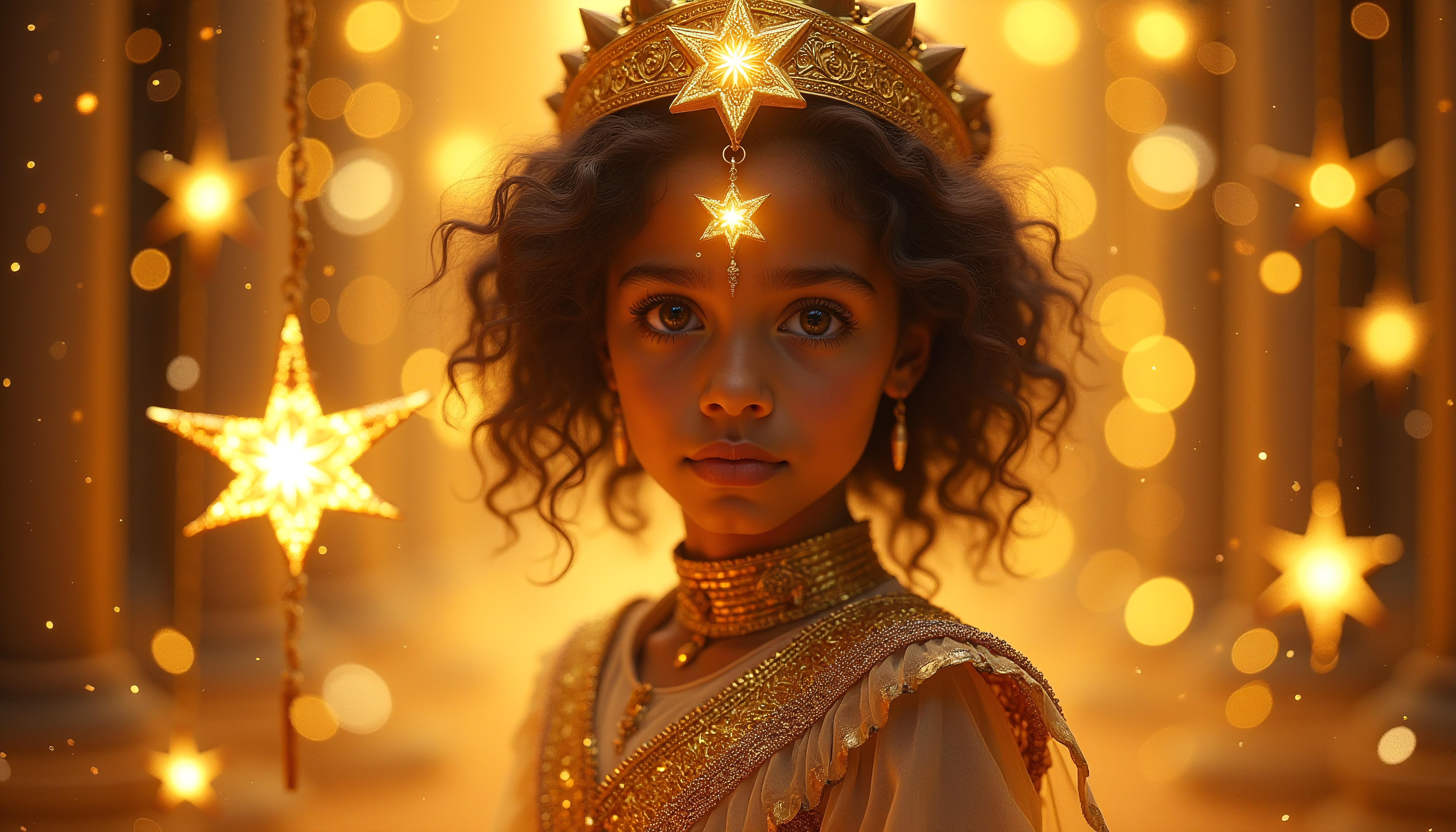 Golden Star-Crowned Young Girl in Enchanted Regal Setting