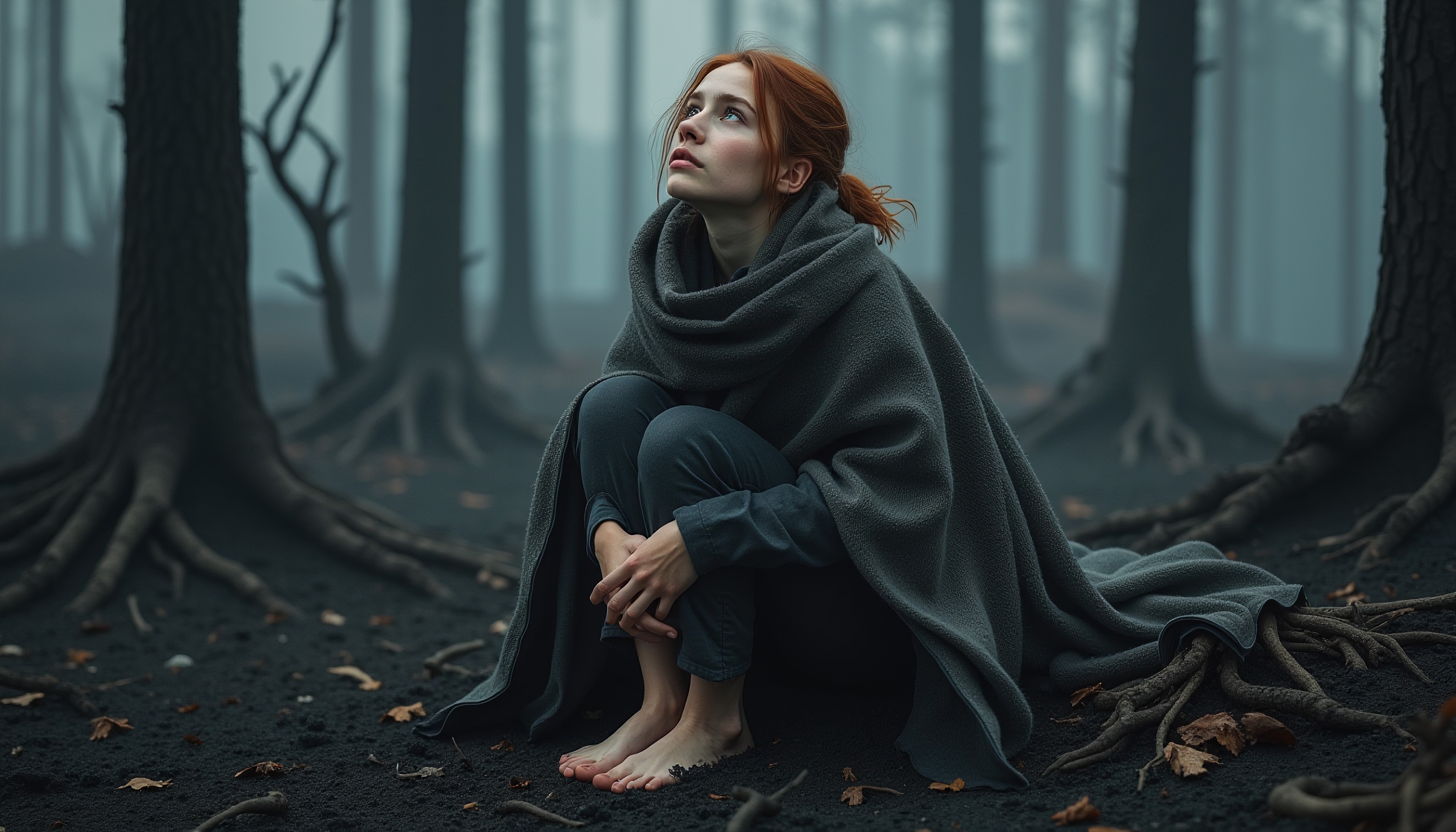 A woman sits wrapped in a blanket on the forest floor, gazing upwards in a foggy, mystical forest scene.