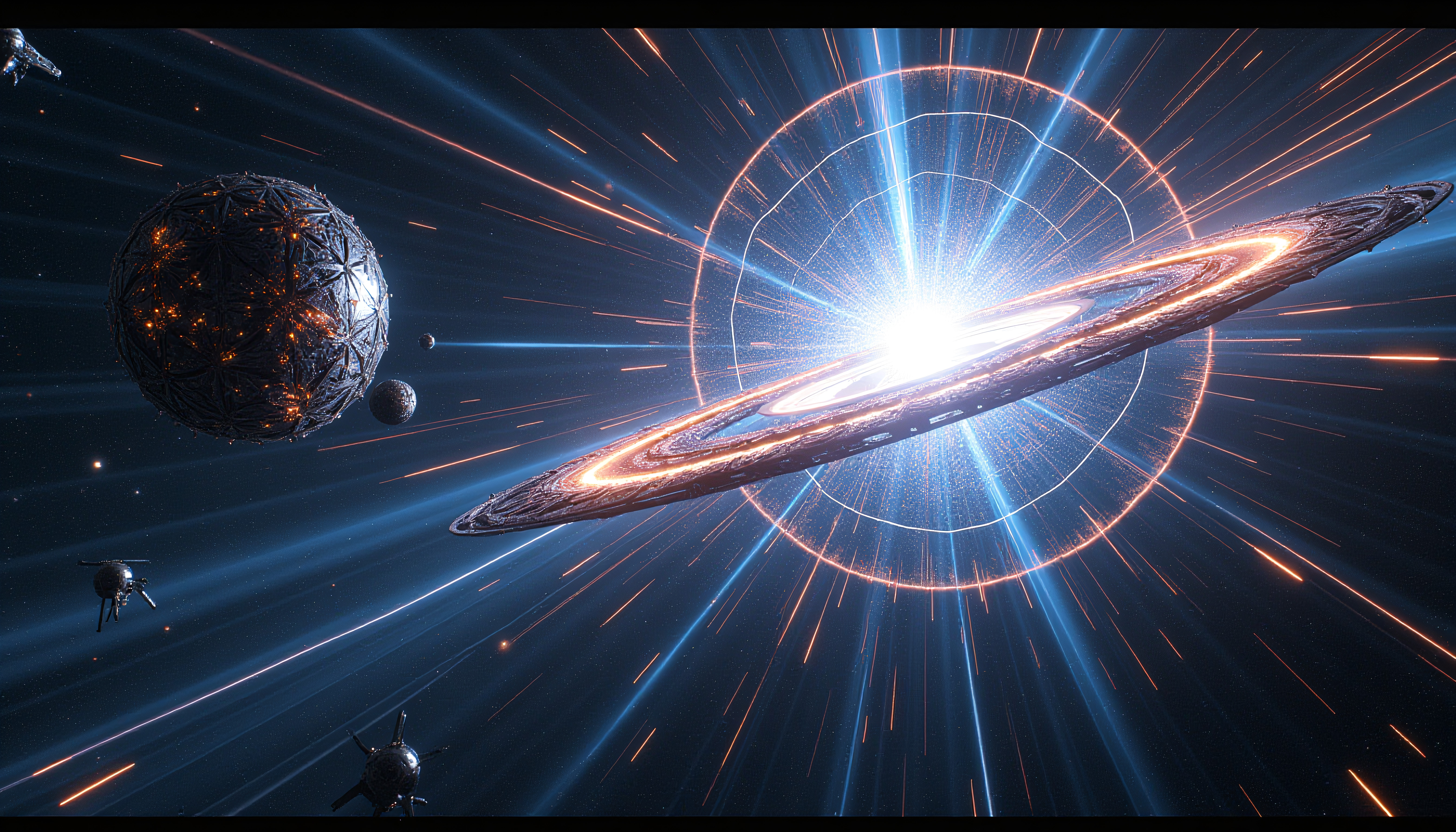 Futuristic galaxy with rings, planets, spaceships, and neon starbursts