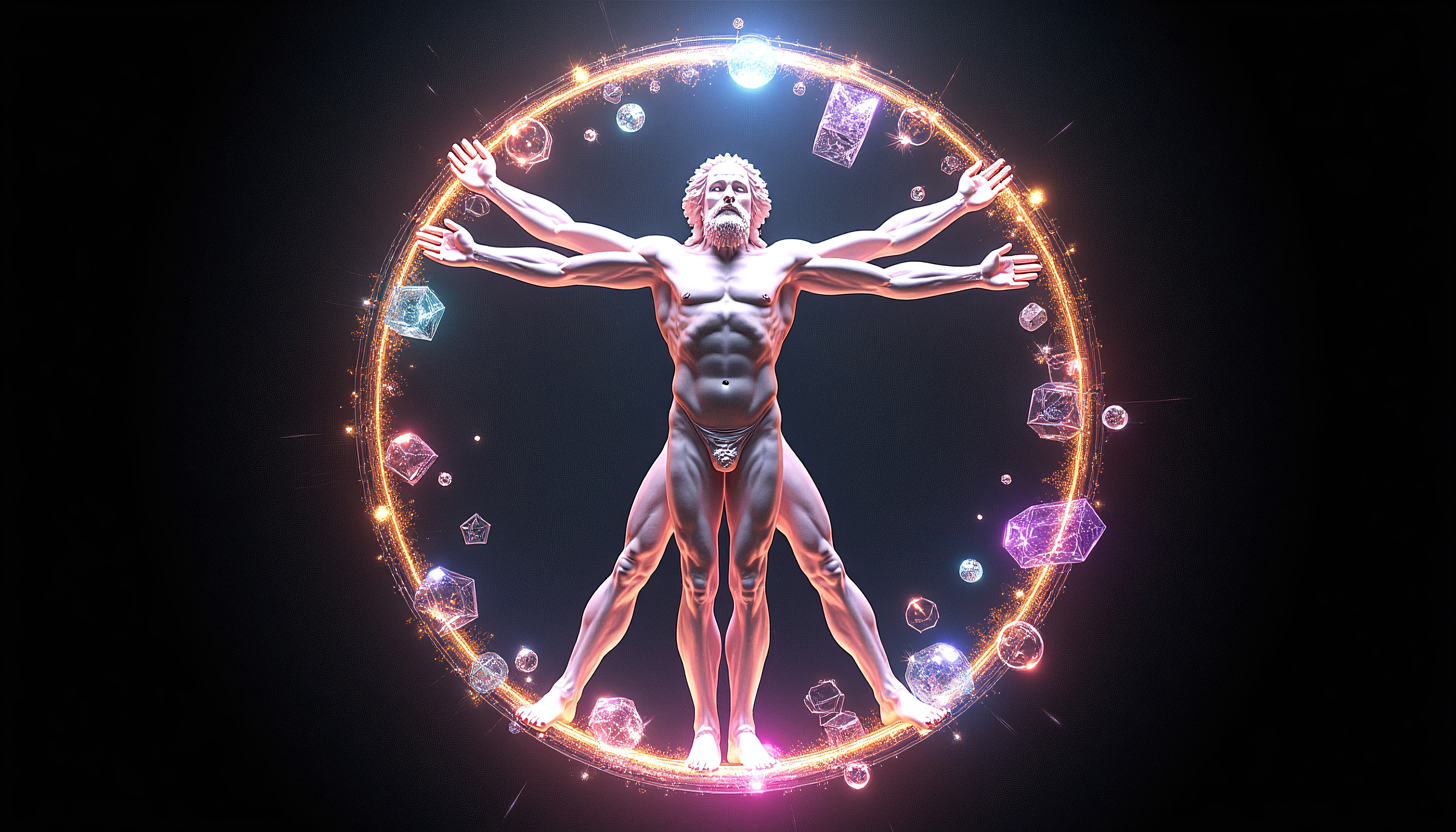 Futuristic Vitruvian Man surrounded by floating gems and glowing orbs