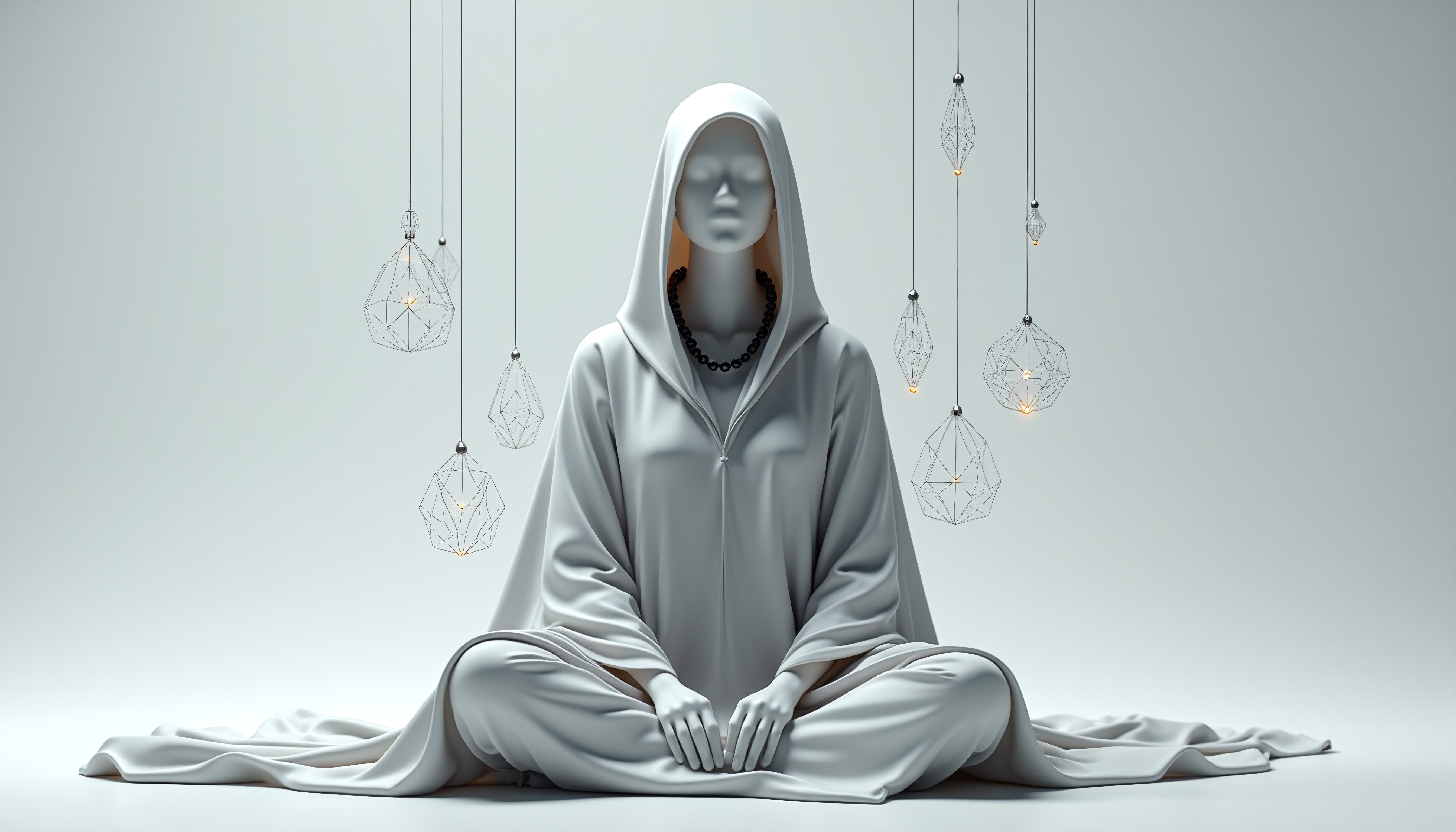 A minimalist hooded figure in meditation surrounded by pendant lights.