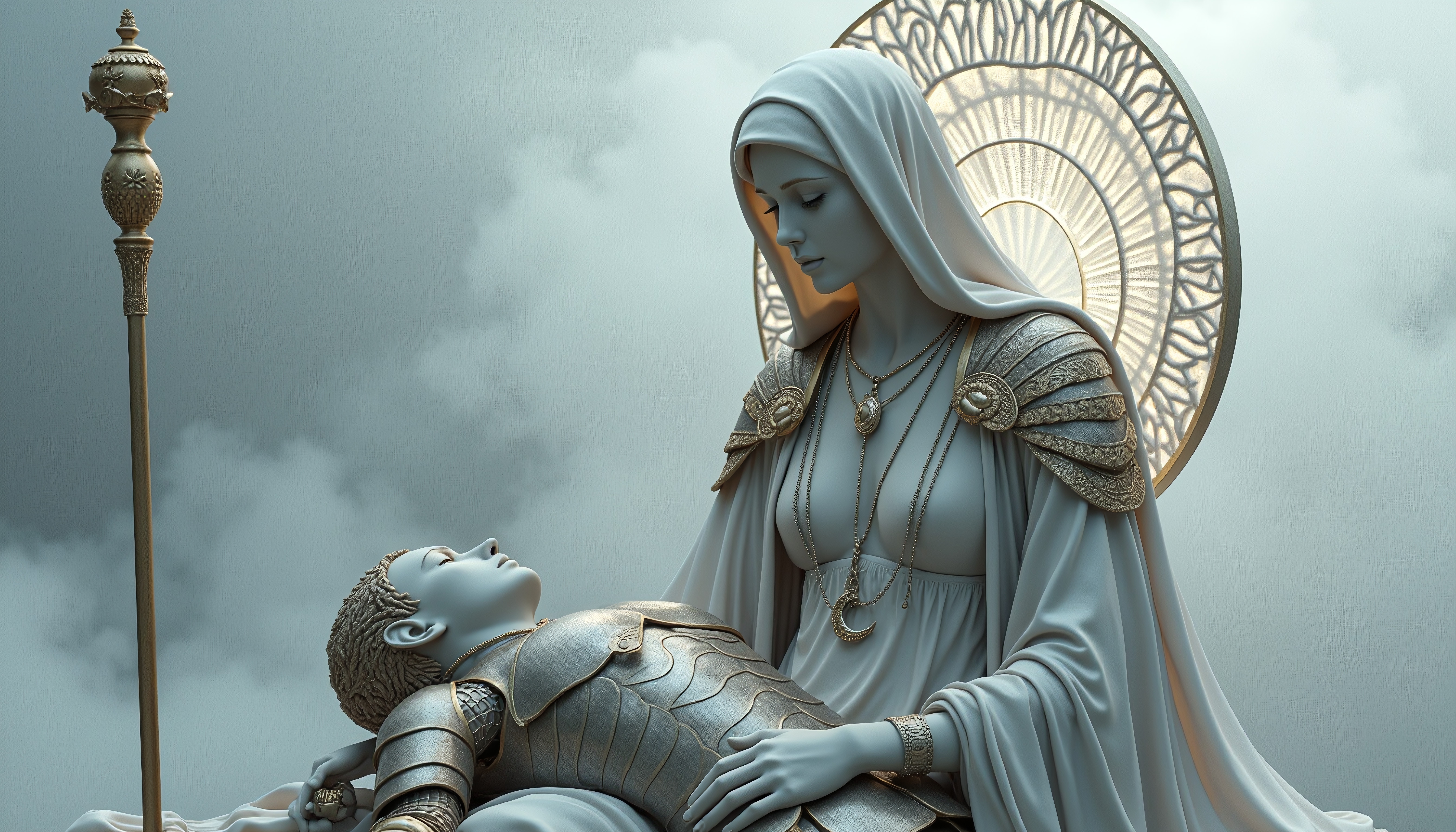 Statue of a serene maternal figure holding a young armored warrior against a celestial backdrop.