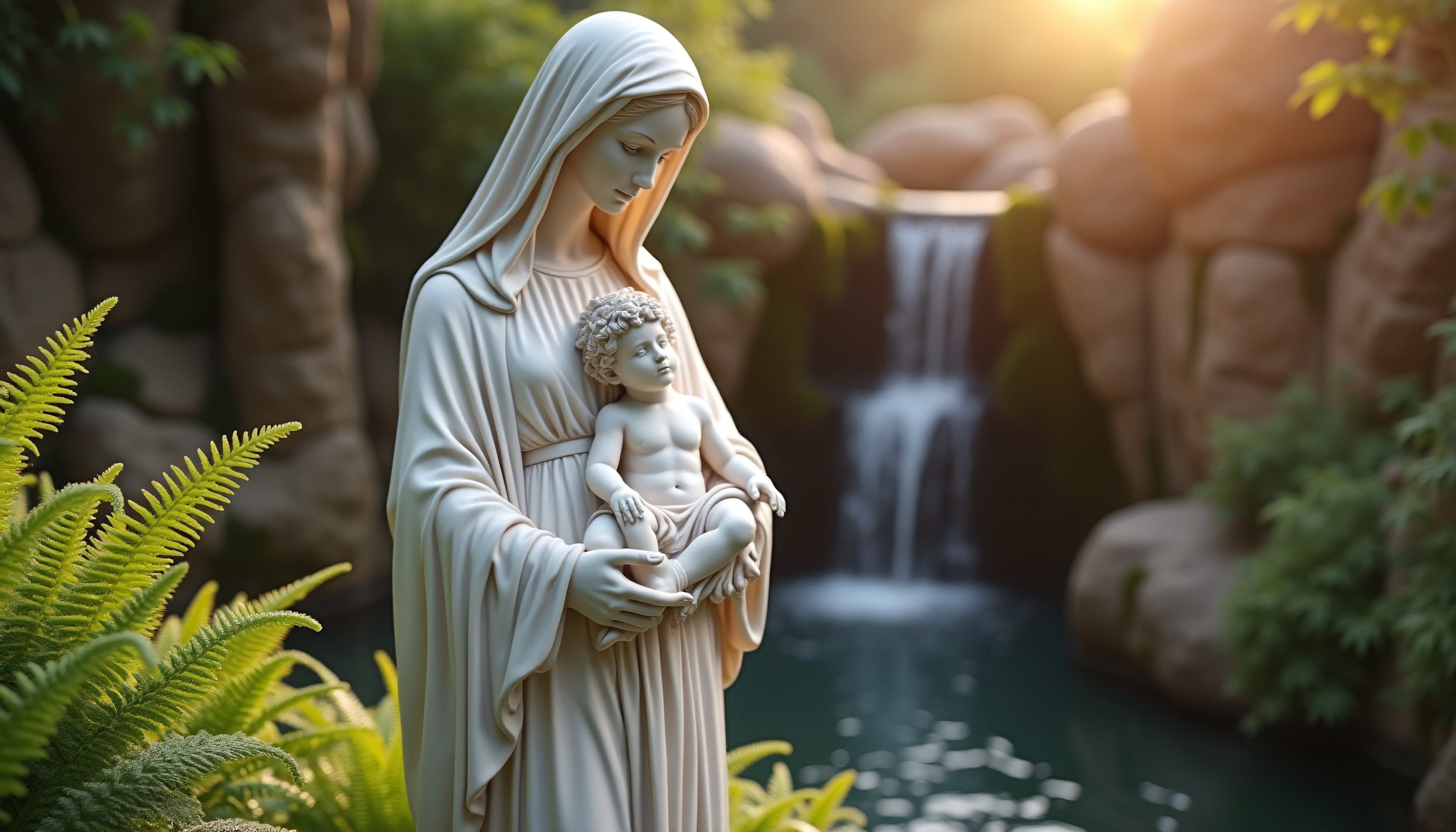 Serene Statue with Waterfall Background
