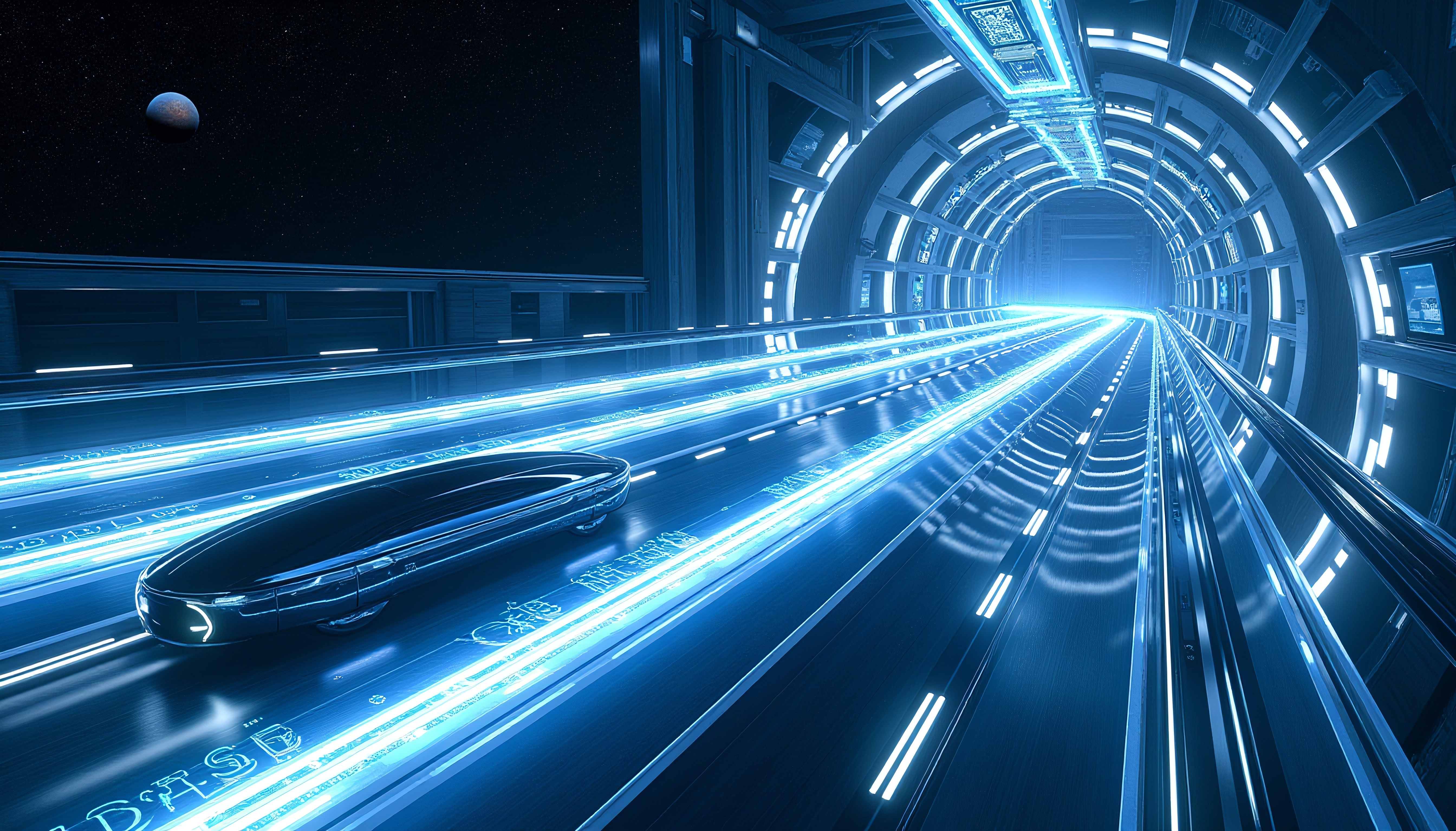 Futuristic car traveling through a blue neon-lit tunnel in space.