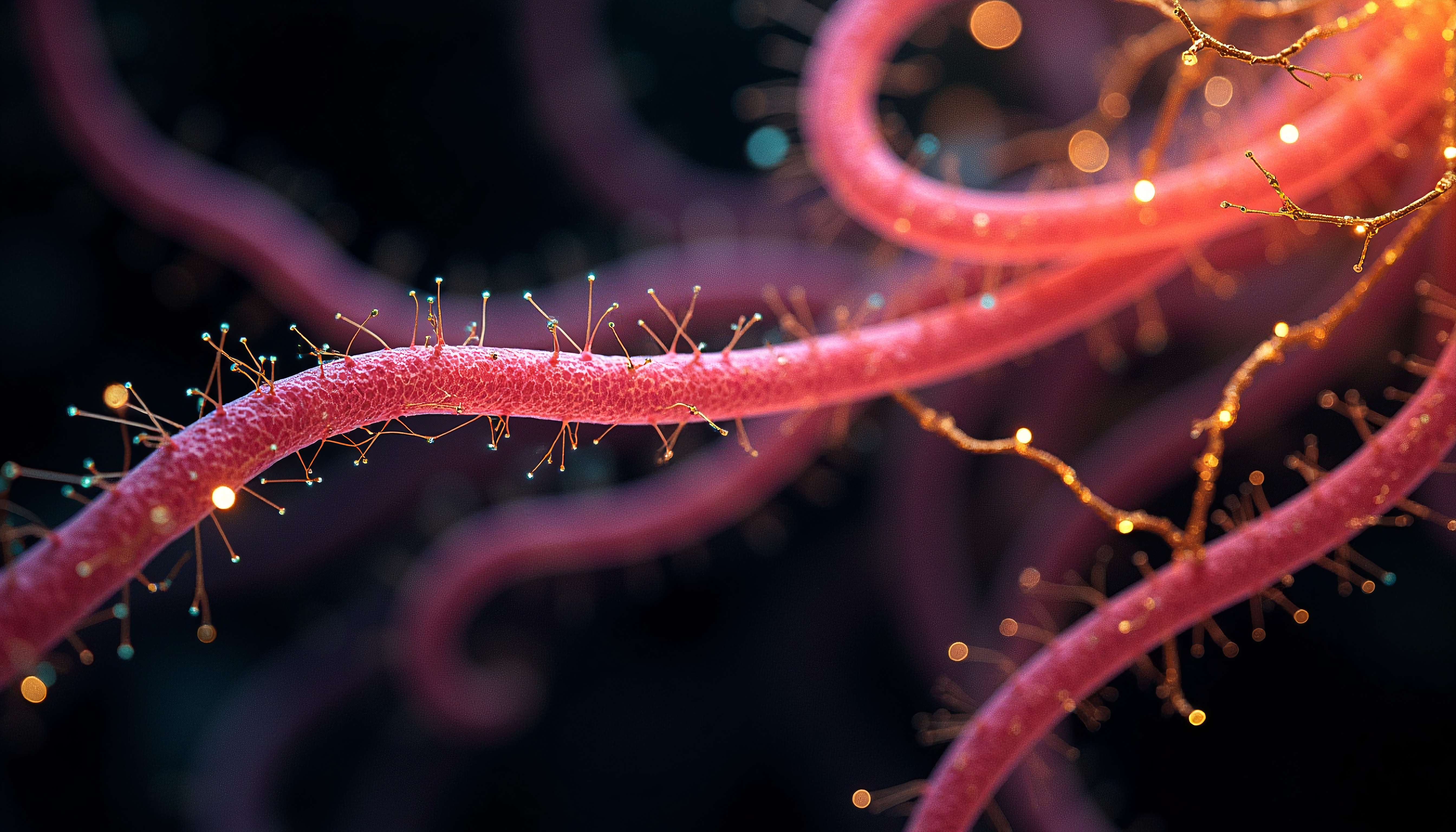 A close-up of bioluminescent, pink, branch-like structures with glowing spherical tips on a dark background.