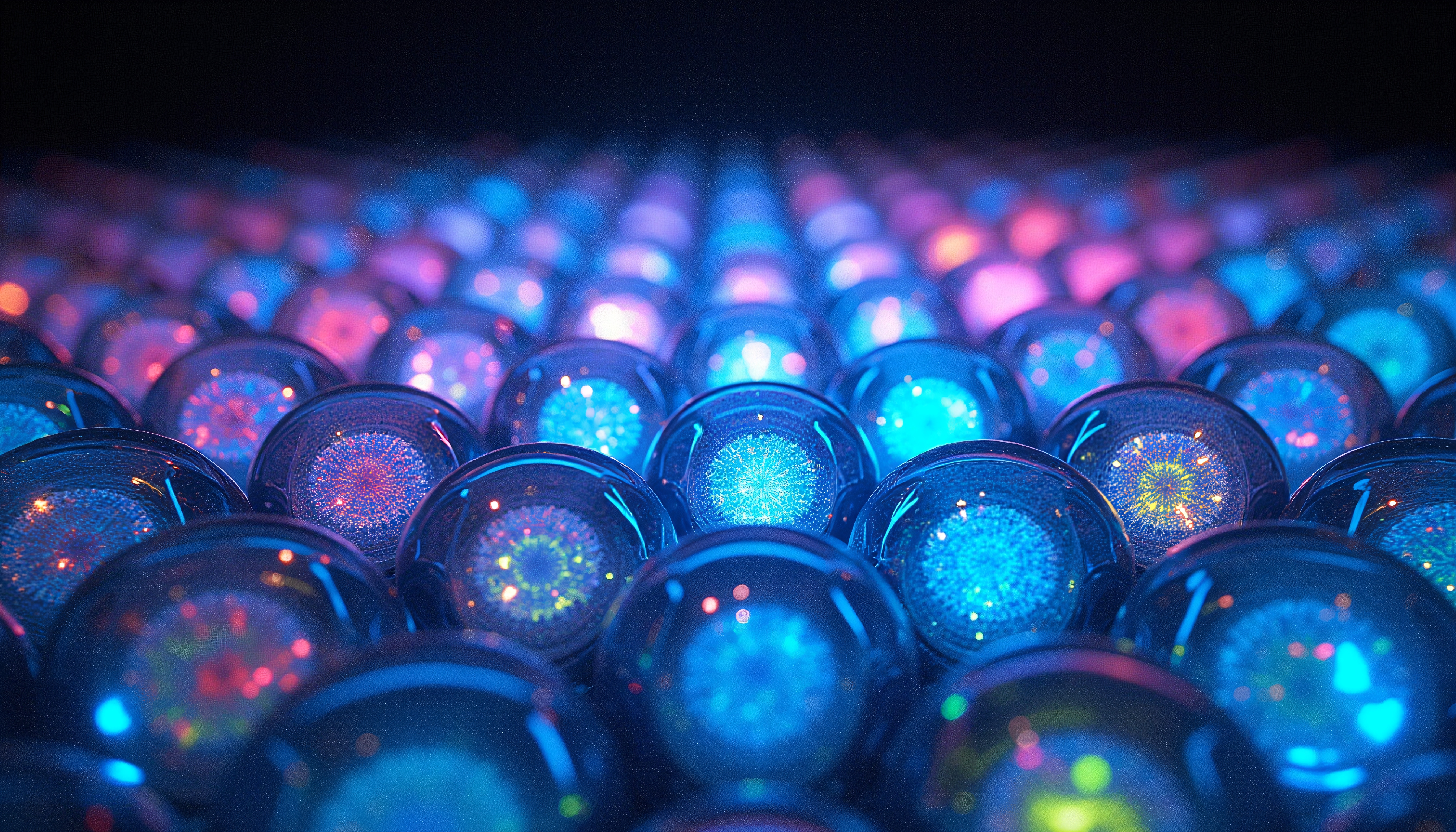 A mesmerizing display of glowing orbs in vibrant blue and pink hues against a dark background.