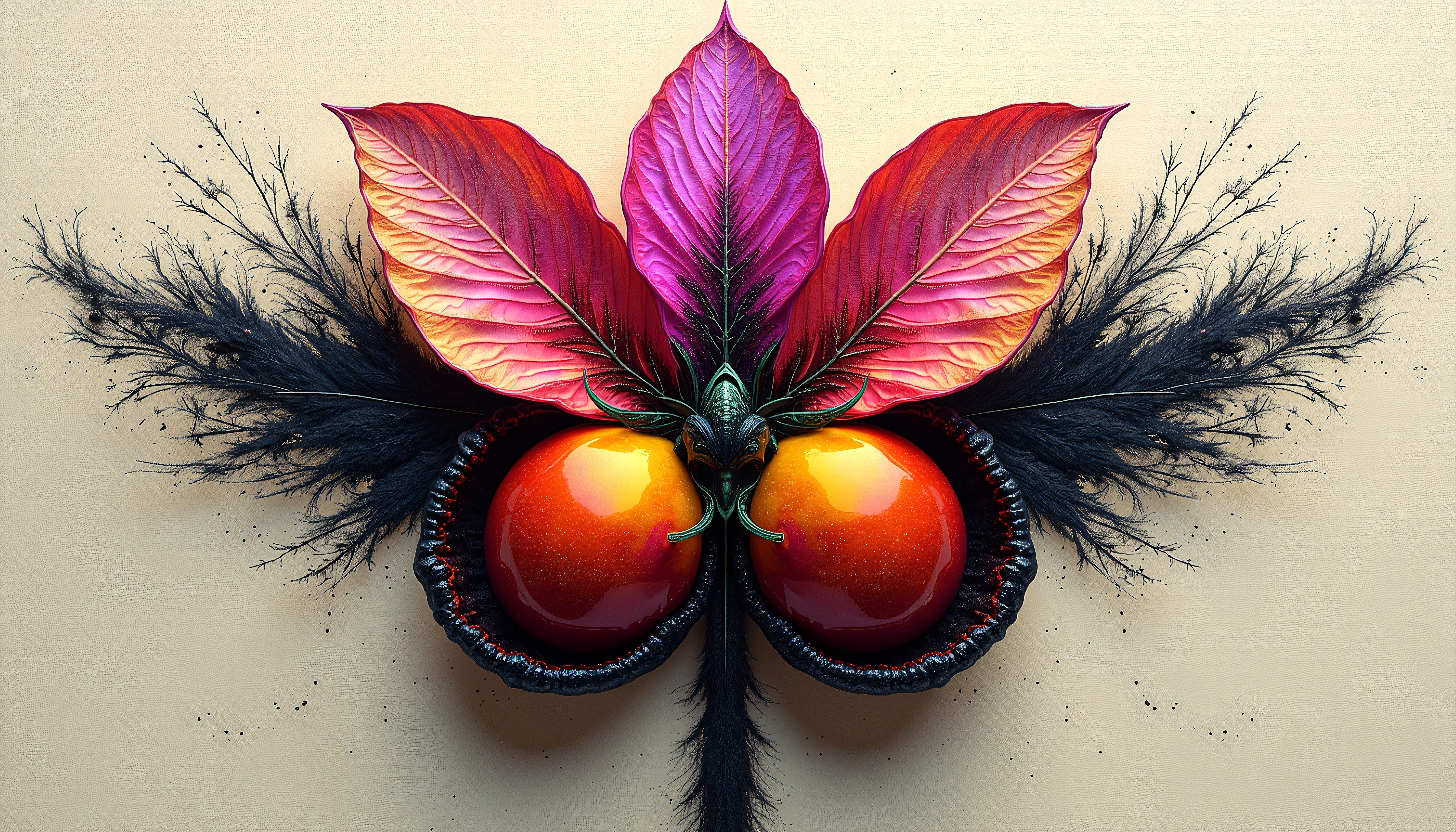 Stylized Artful Composition Featuring Glossy Fruits, Vibrant Lea