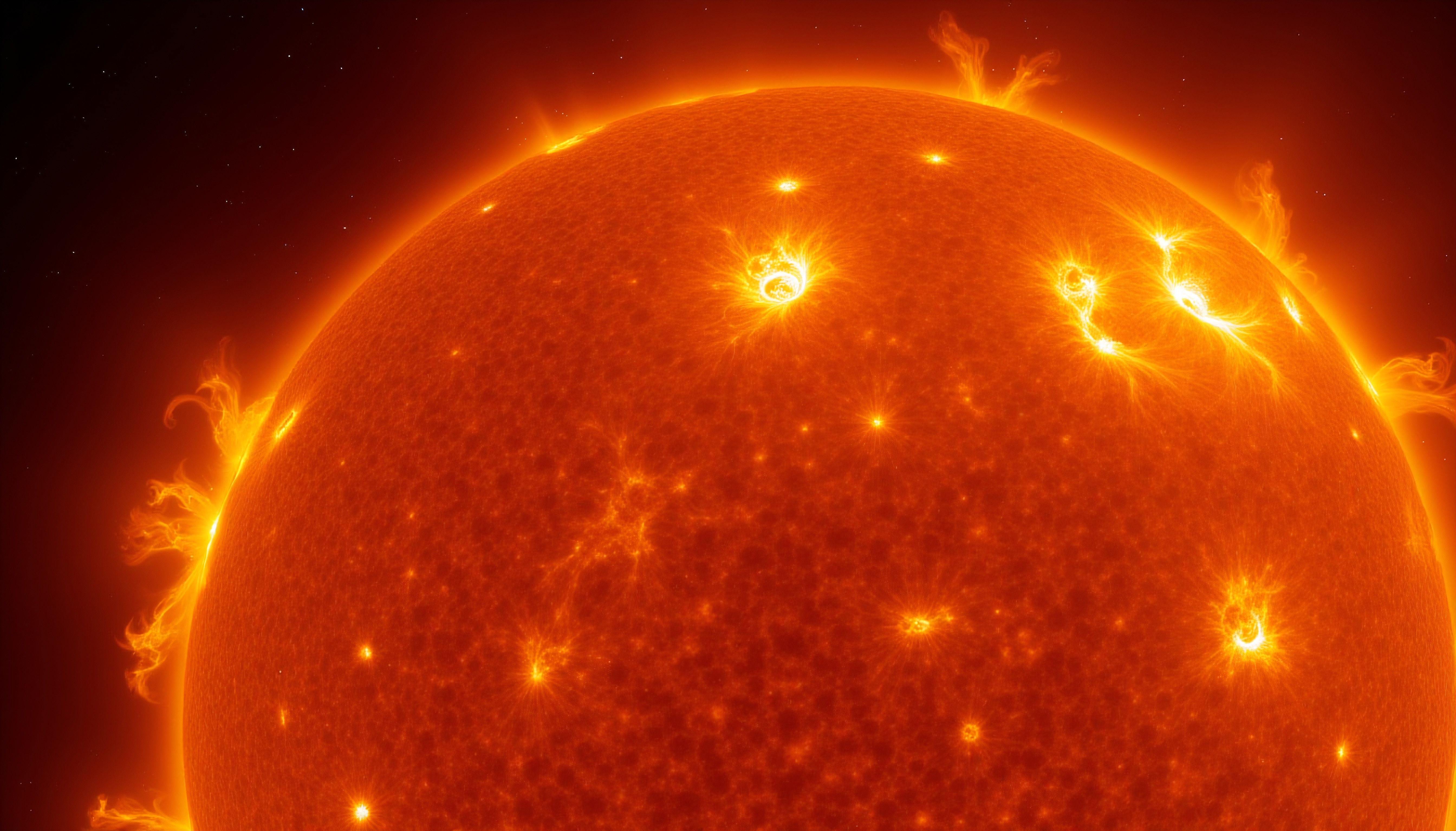Vibrant Solar Surface with Prominences and Flares