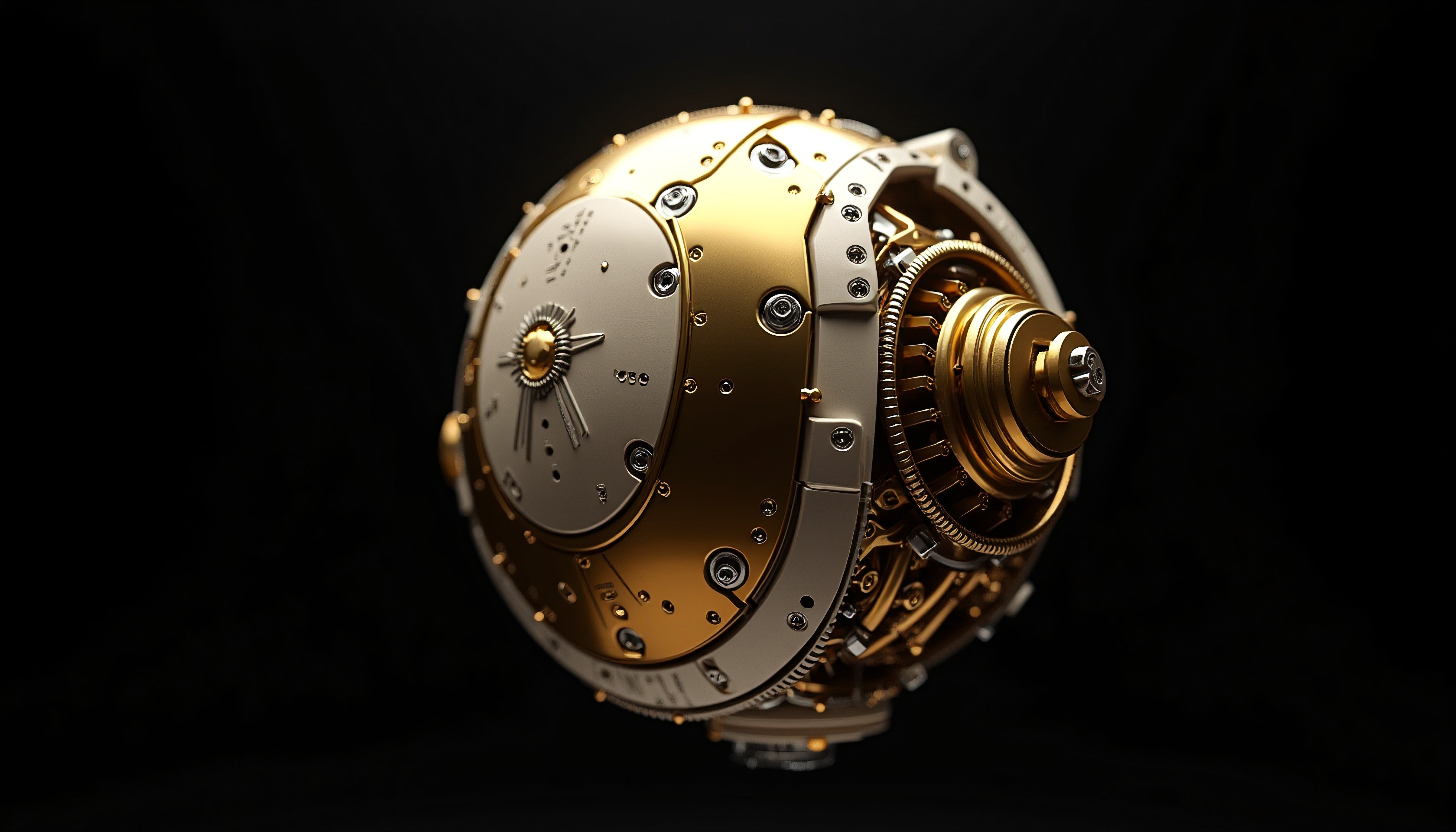 Steampunk-inspired mechanical orb with intricate gears and gold-silver design.
