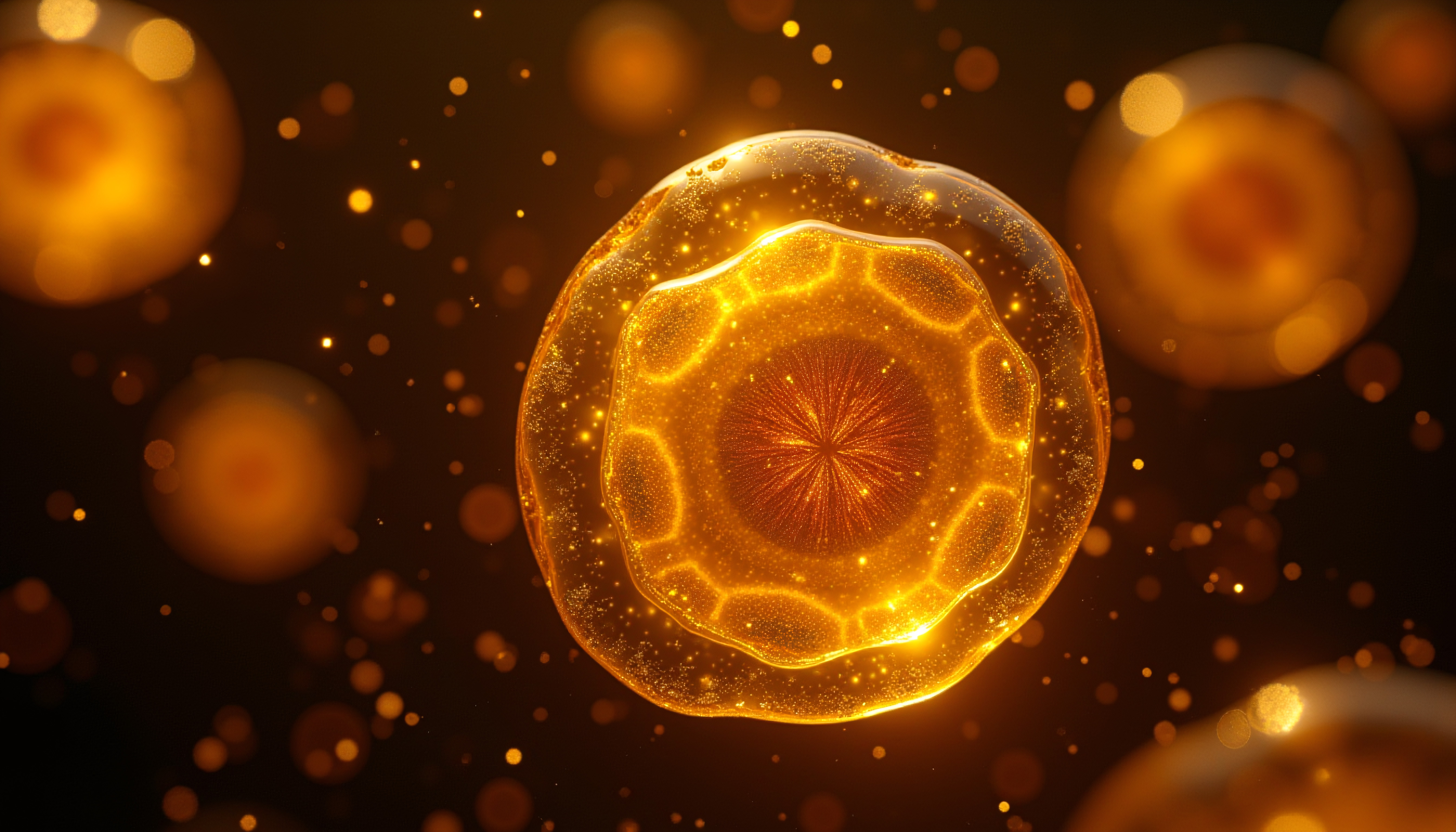 Glowing golden orb floating amidst sparkling cosmic dust