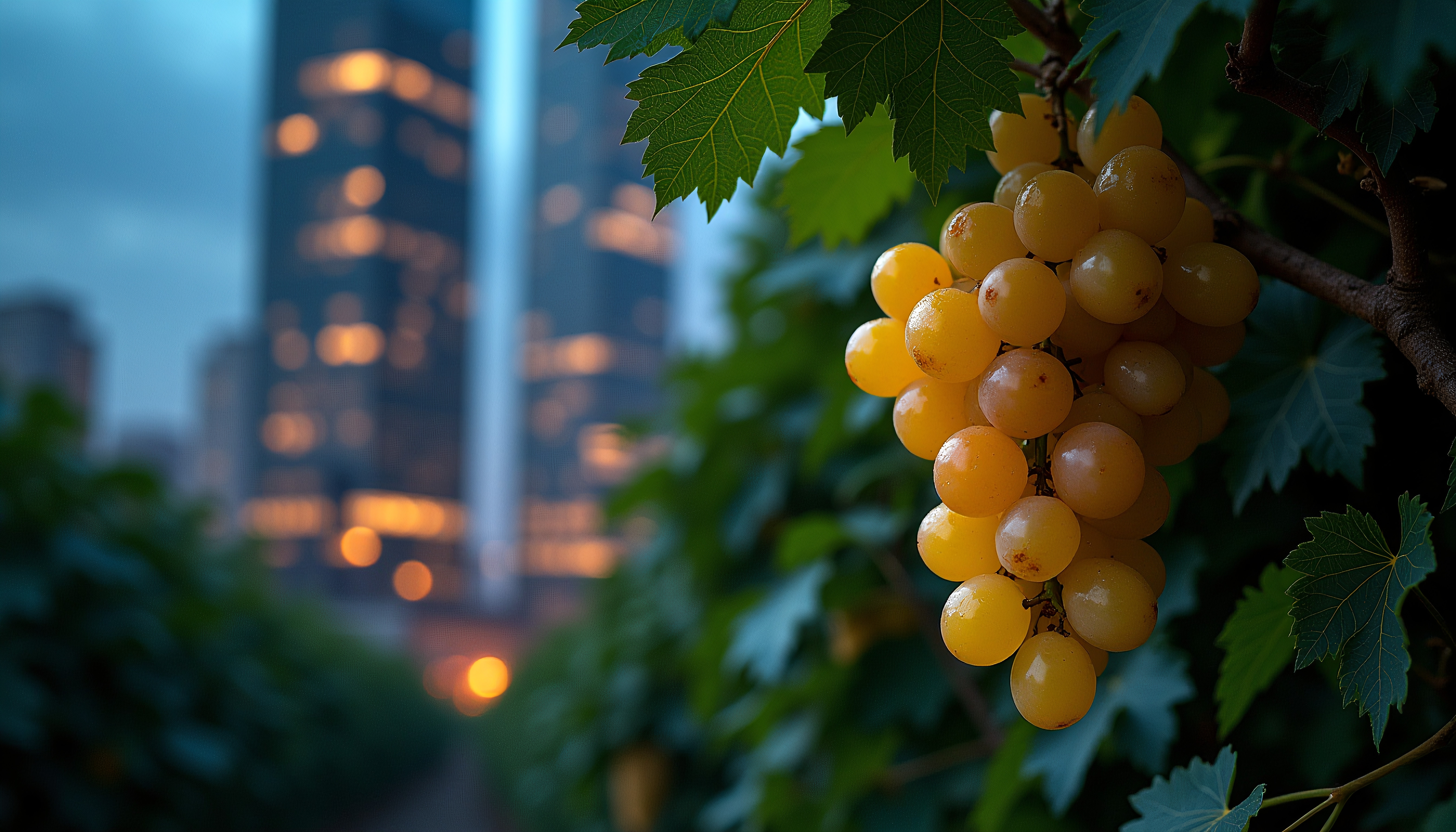 A bunch of fresh yellow grapes with city skyline blurred in the background, creating a contrast between nature and urban life.