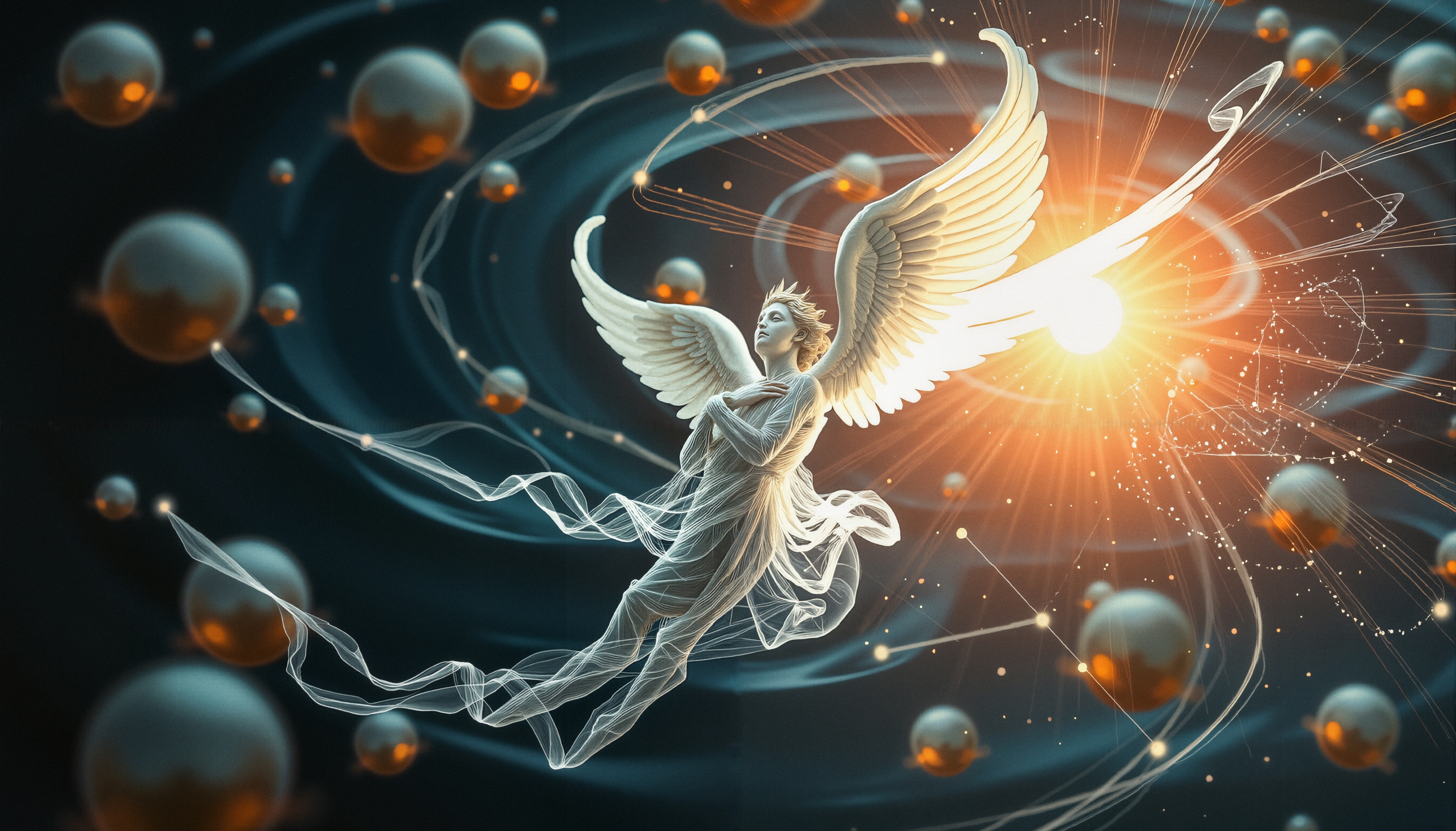 A celestial angel with glowing wings surrounded by luminous orbs in a cosmic setting.
