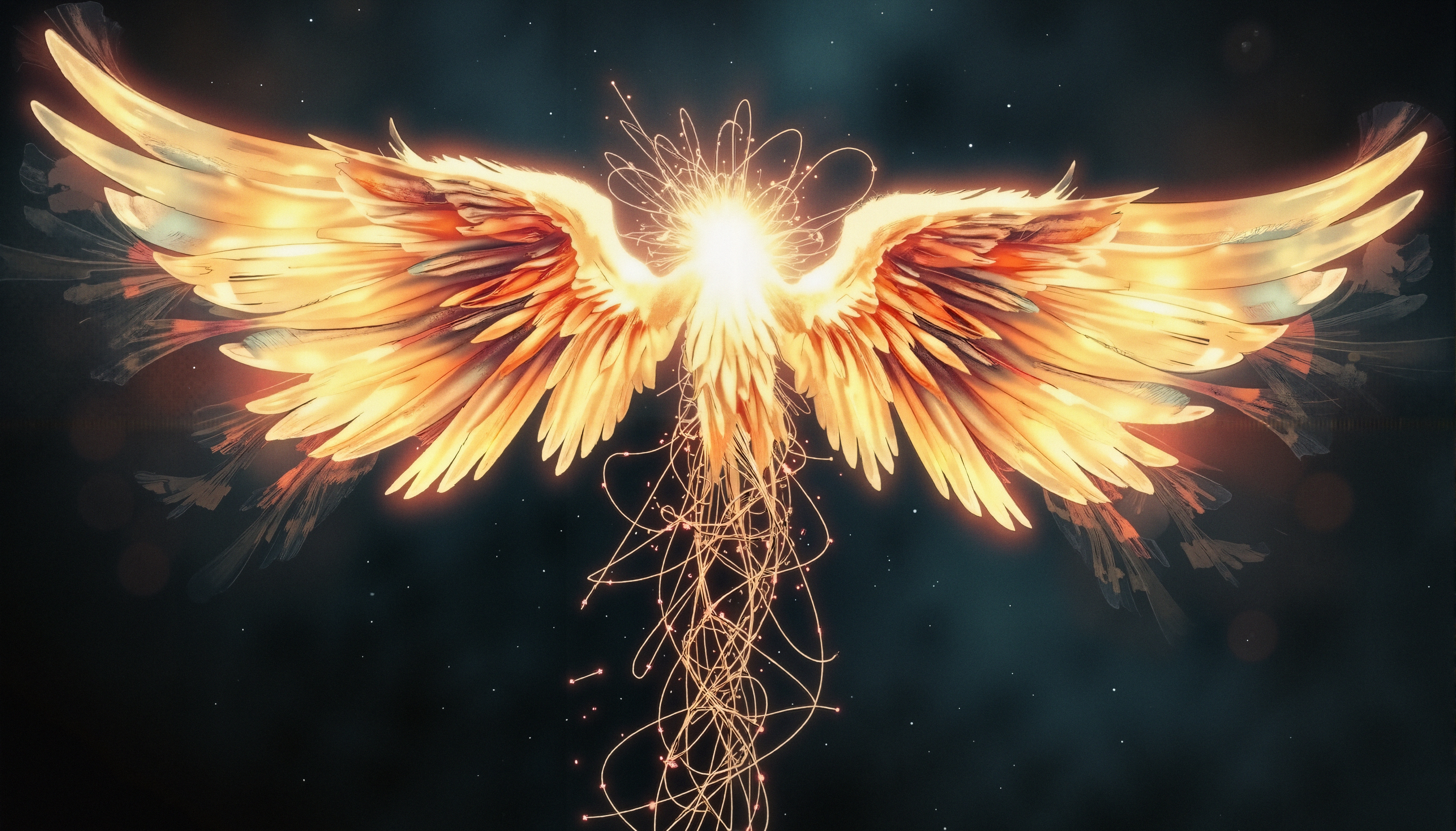 Golden celestial wings unfurl, radiating light against a starry background.