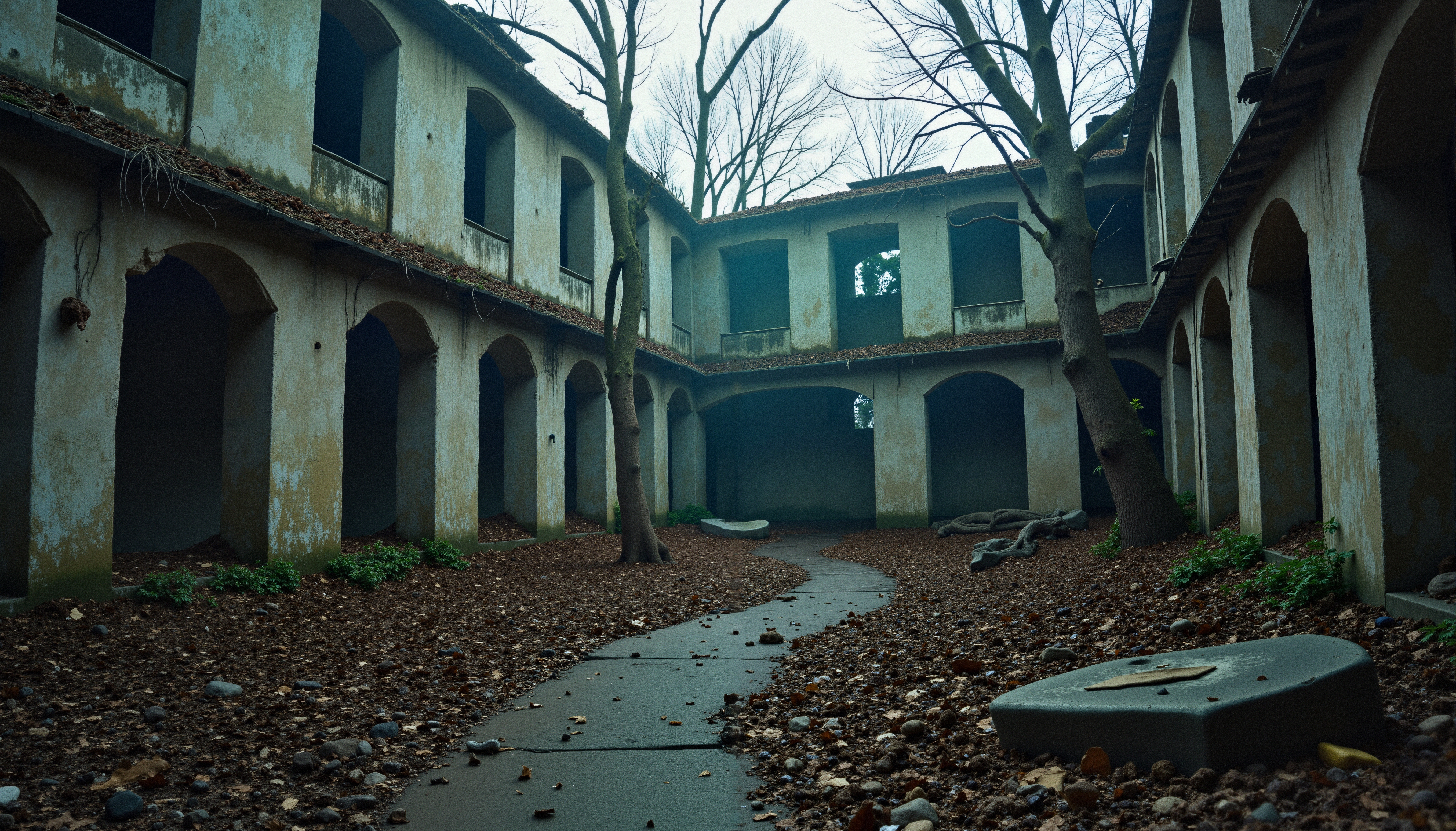 Abandoned Courtyard of Decaying Historic Buildings