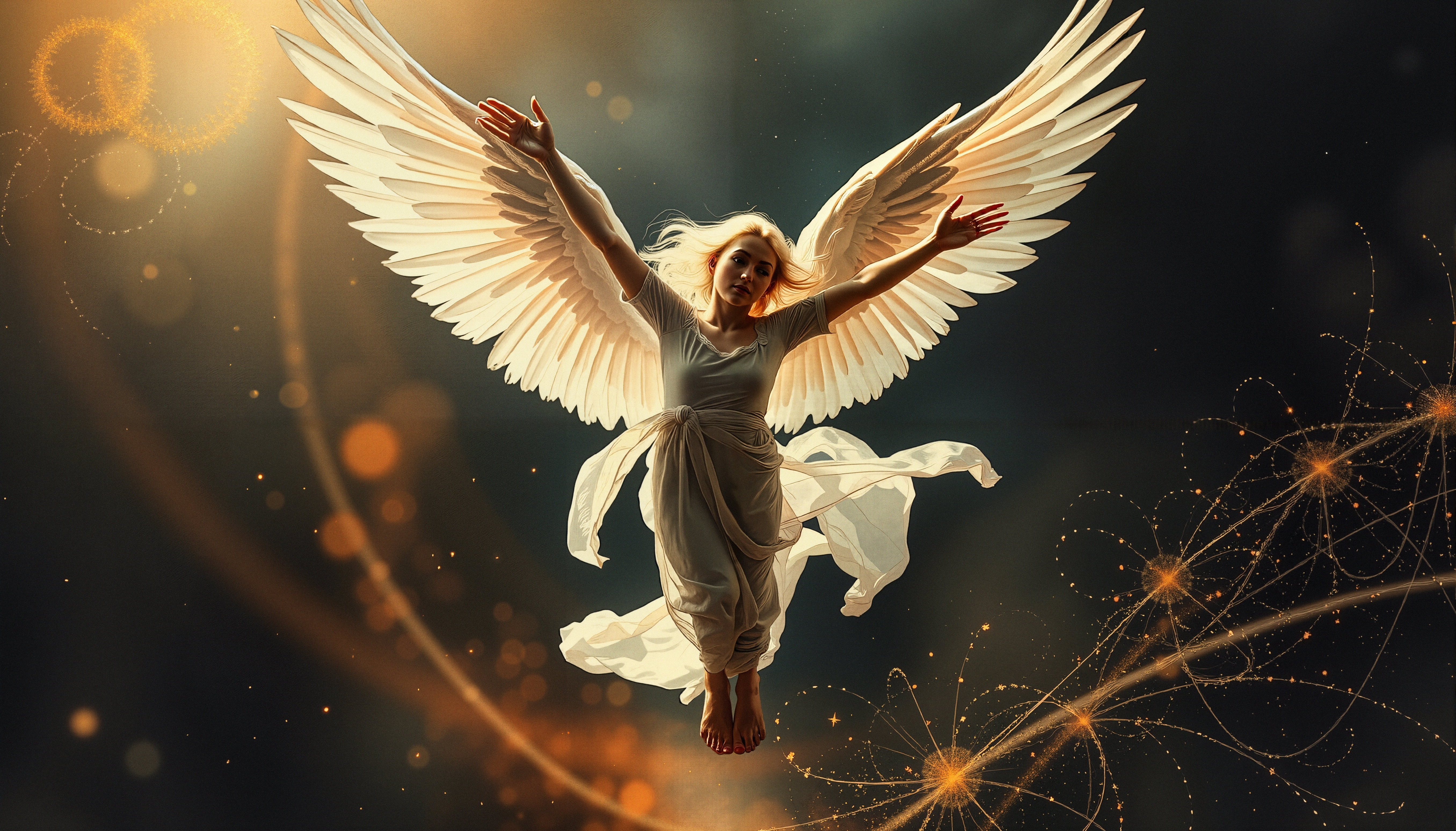 Ethereal angel with white wings soaring through a cosmic background, enveloped in golden orbs and mystical patterns, evoking a serene, heavenly atmosphere.