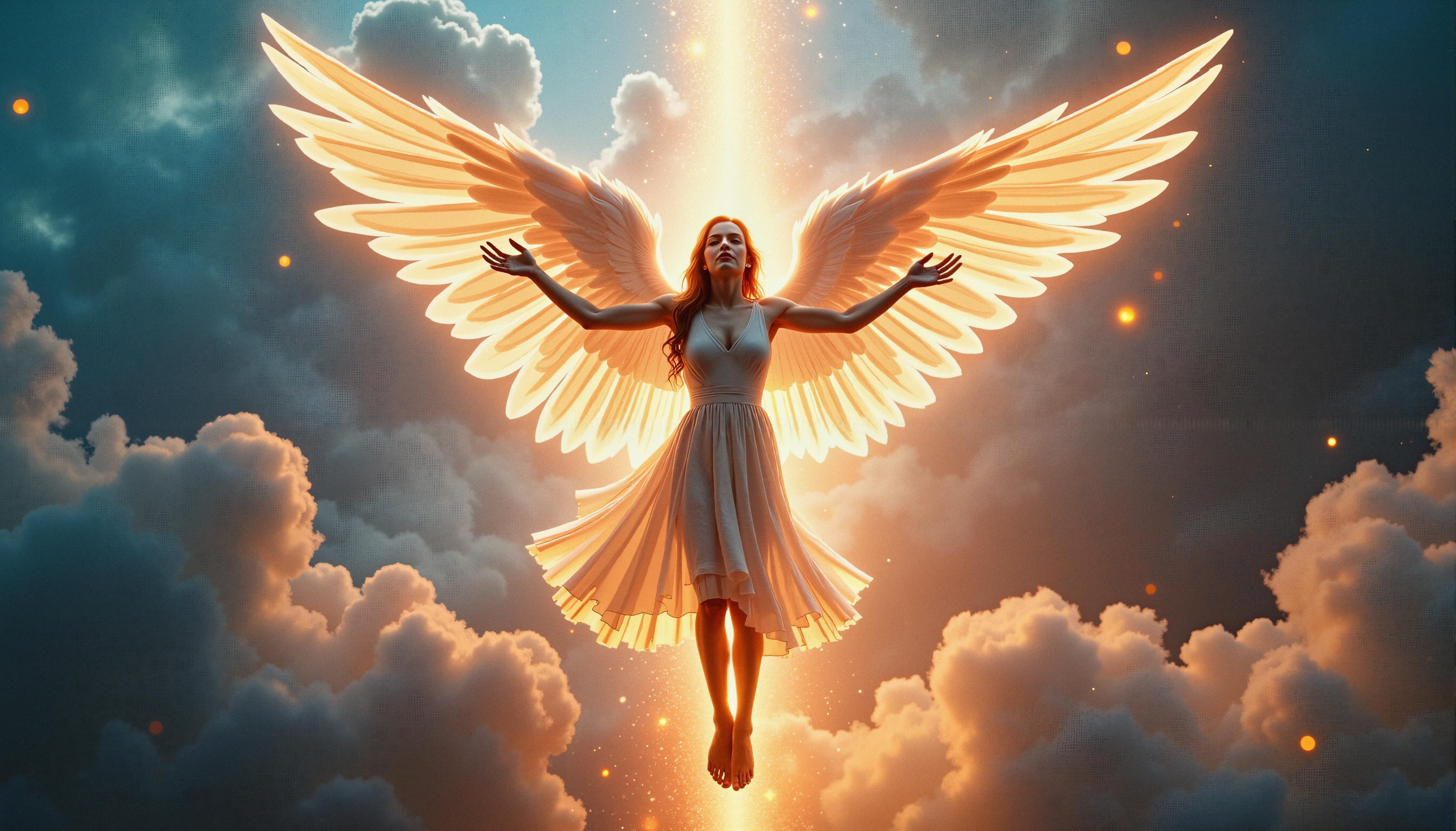 An ethereal angelic figure with glowing wings amidst luminous clouds.