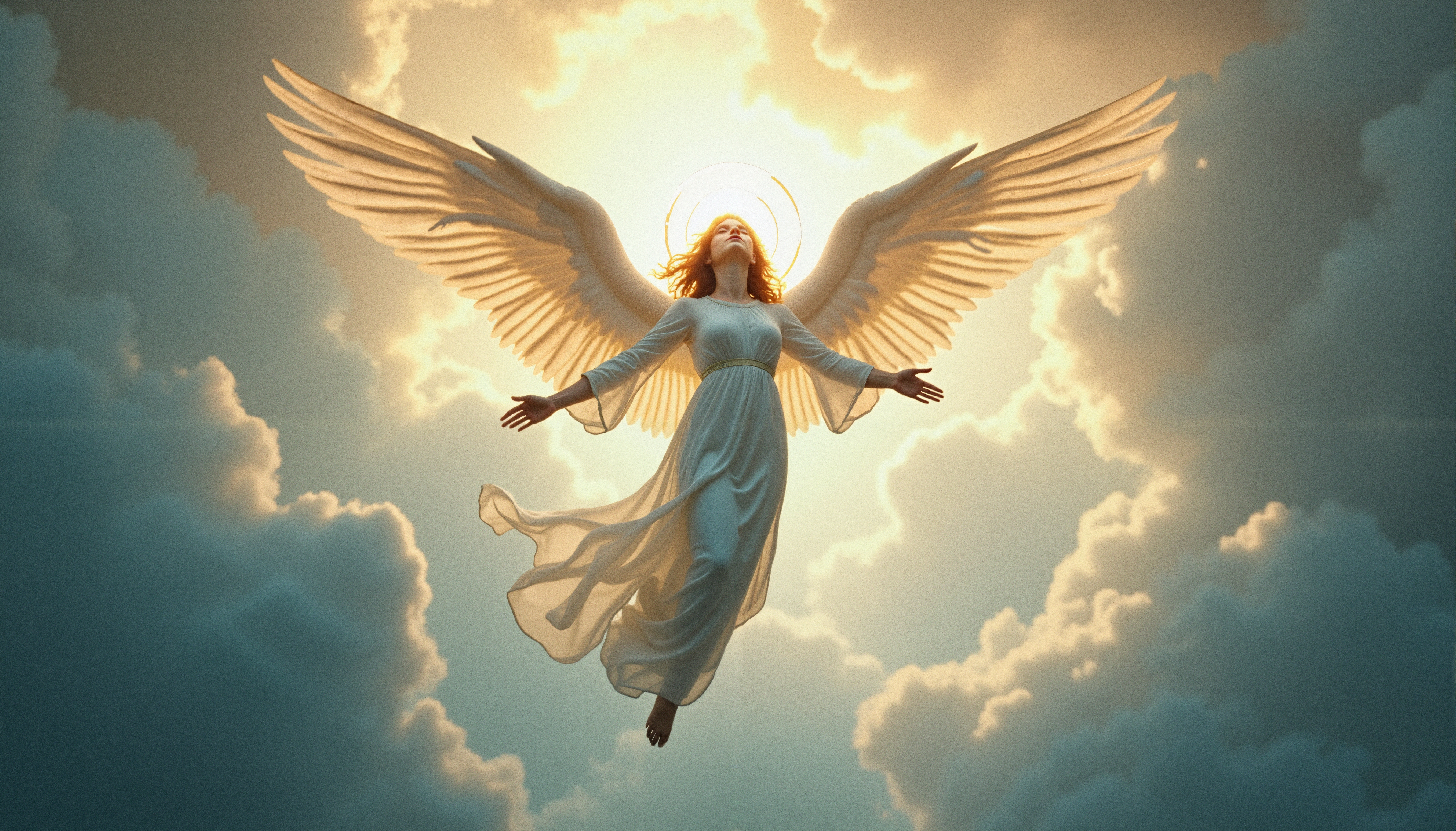 Ethereal Angel with Radiant Wings Soaring in Golden Hour Sky