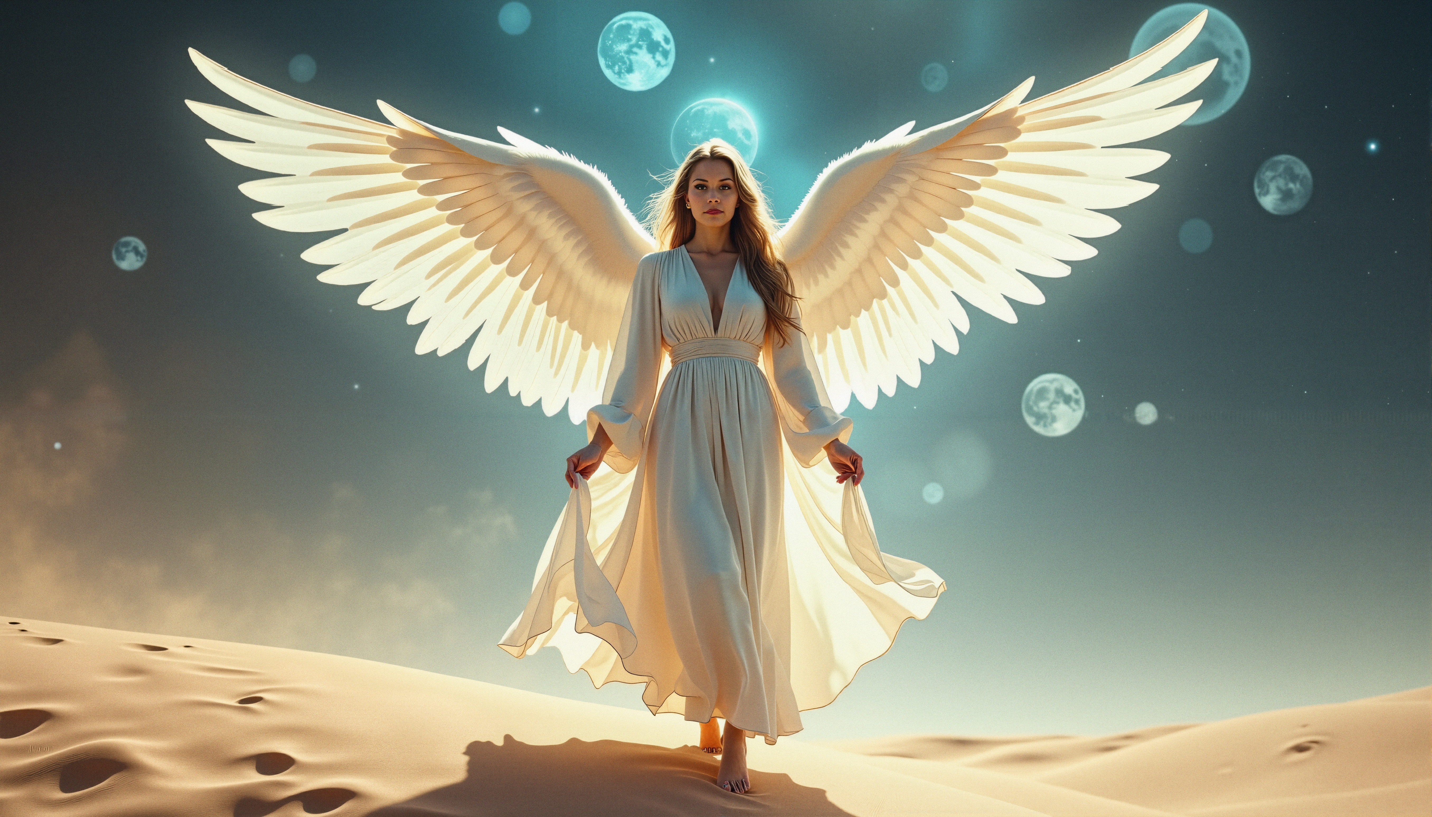 A celestial angel with spread wings stands gracefully in a moonlit desert, creating a serene and ethereal scene.