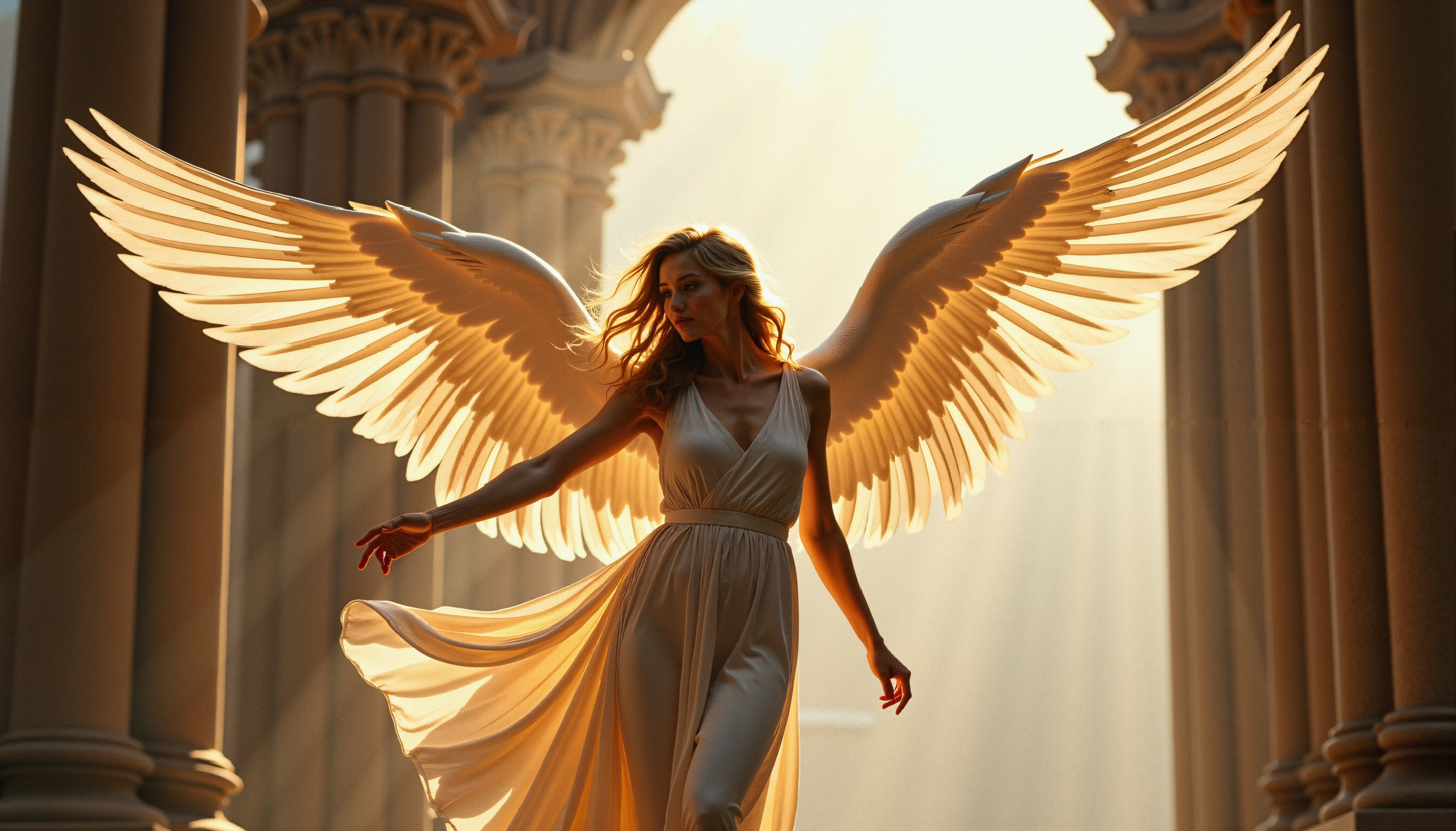 A woman with glowing angel wings gracefully stands in a sunlit corridor, surrounded by ornate columns.