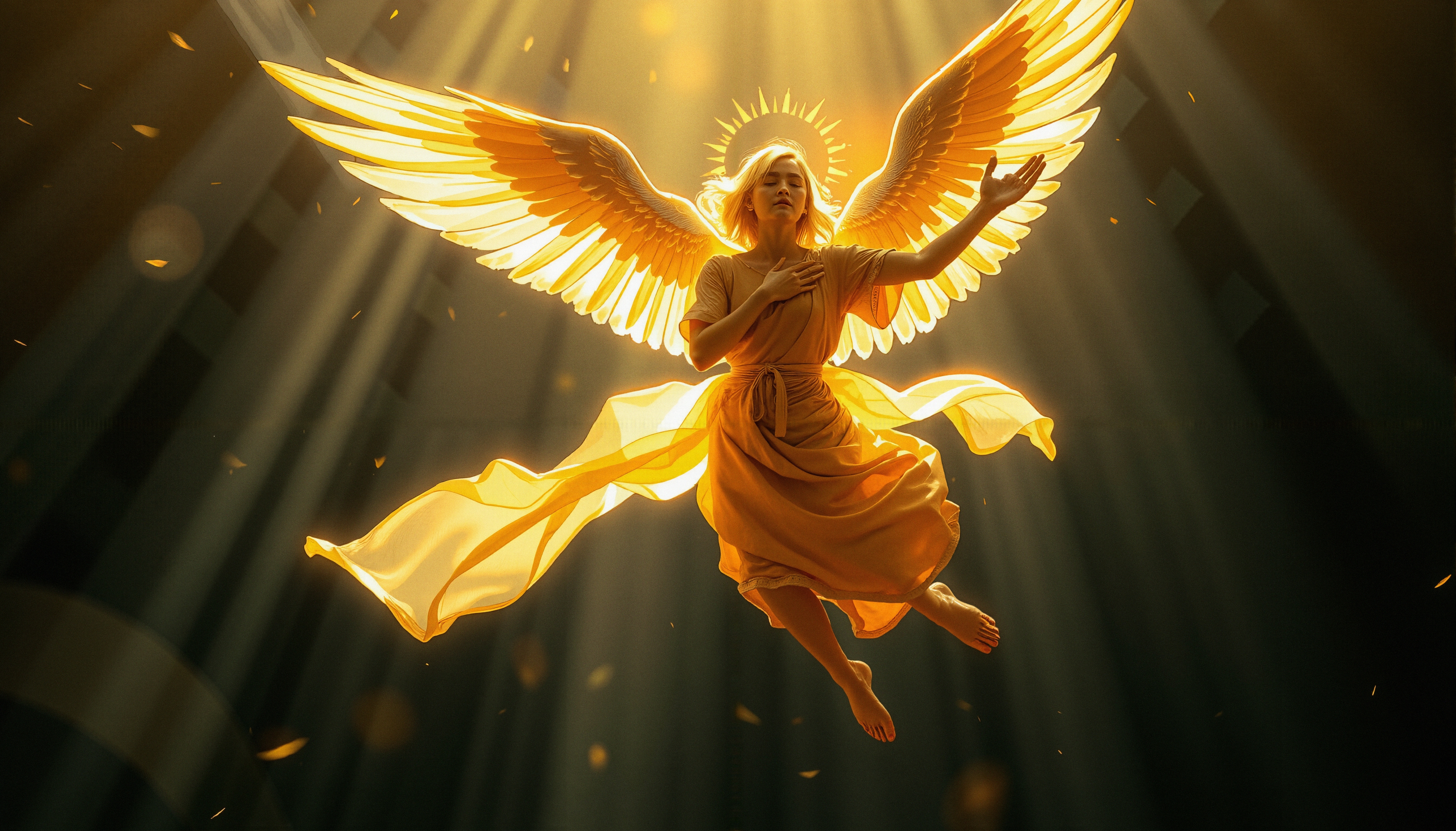 Angel with golden wings floating upward in divine sunlight wearing flowing robe