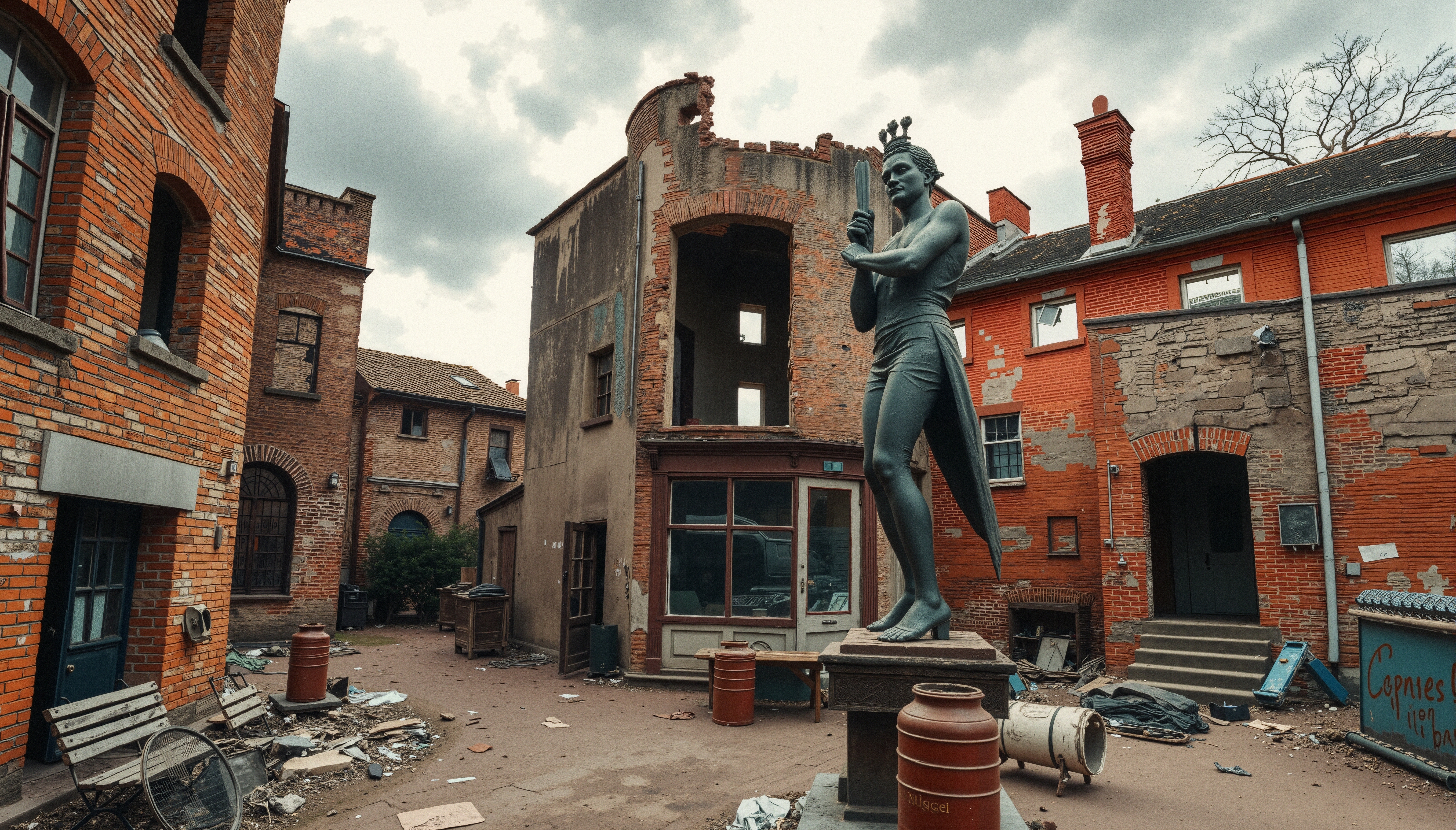 Abandoned urban courtyard with statue and debris.