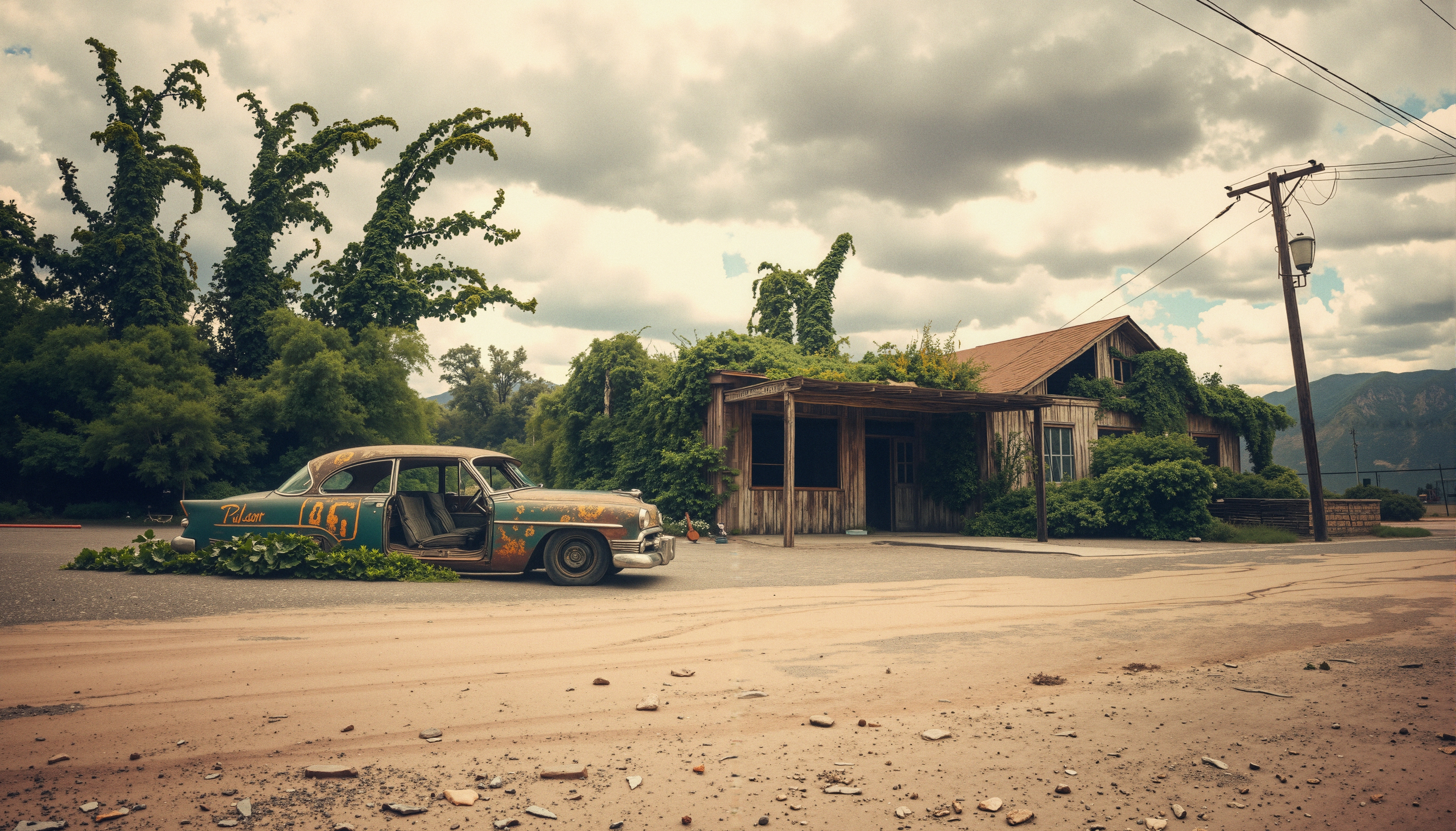 Abandoned vintage car and overgrown building under cloudy sky.