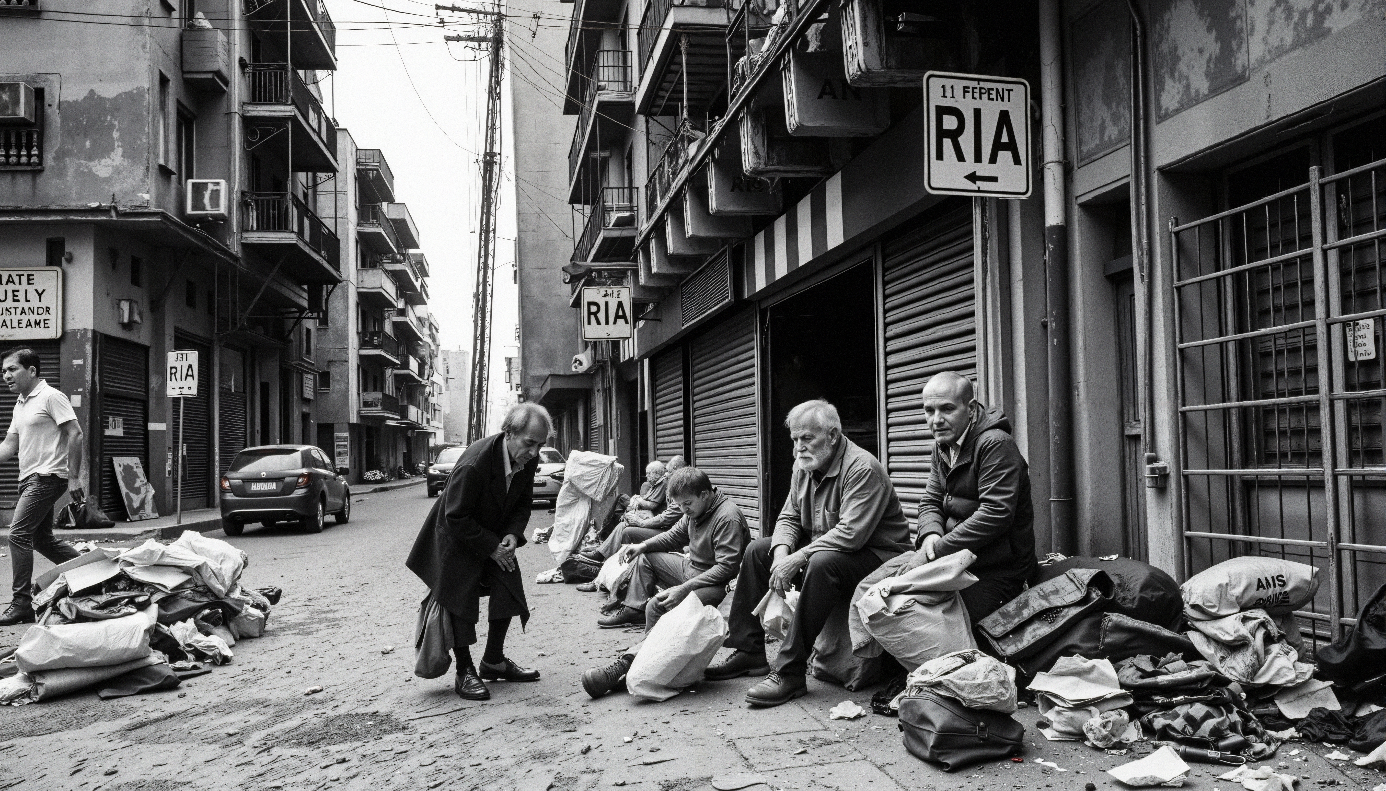 People sitting on city sidewalk surrounded by debris.