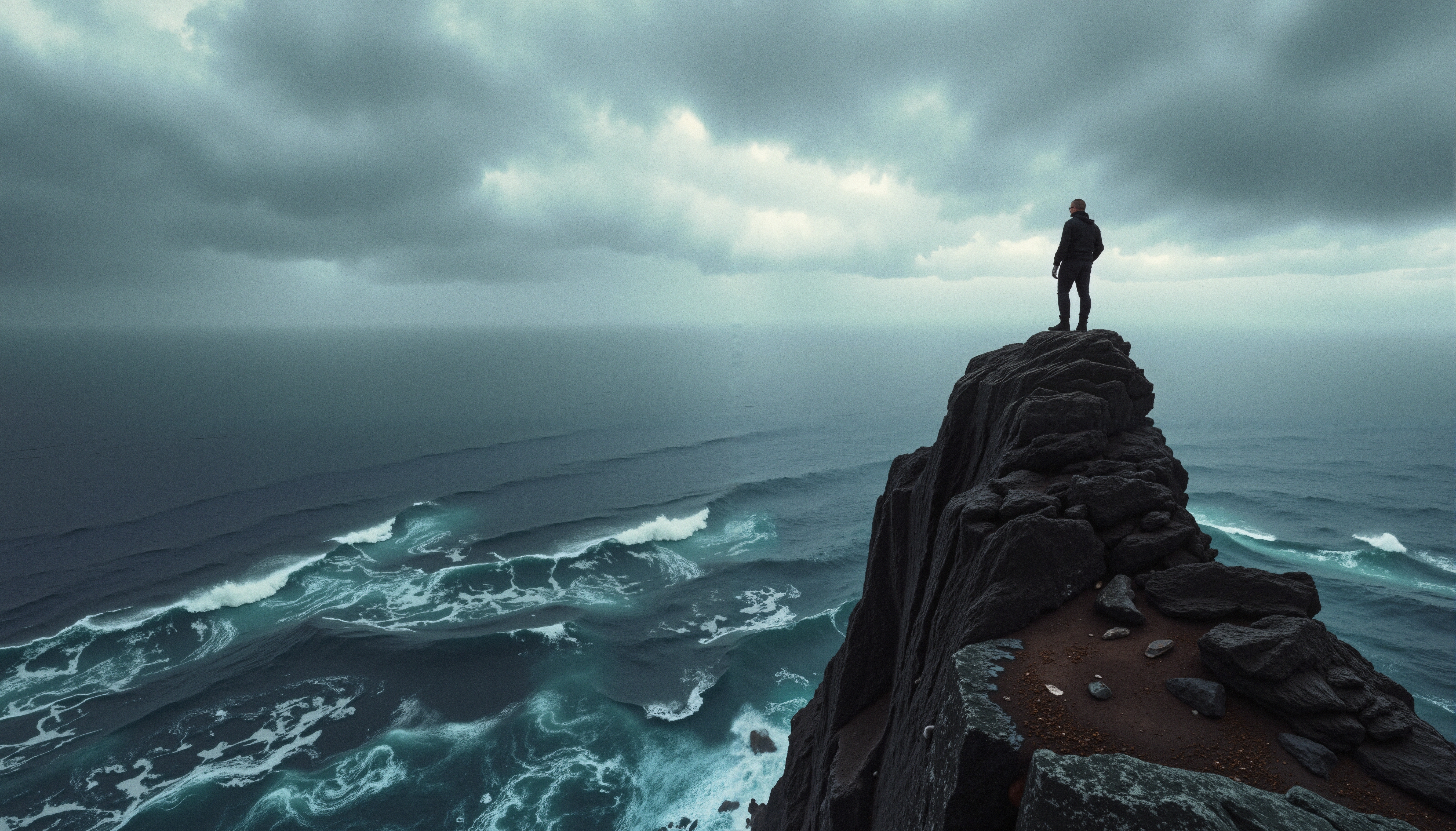A person stands on a cliff overlooking a vast ocean, waves crashing under a dramatic gray sky.