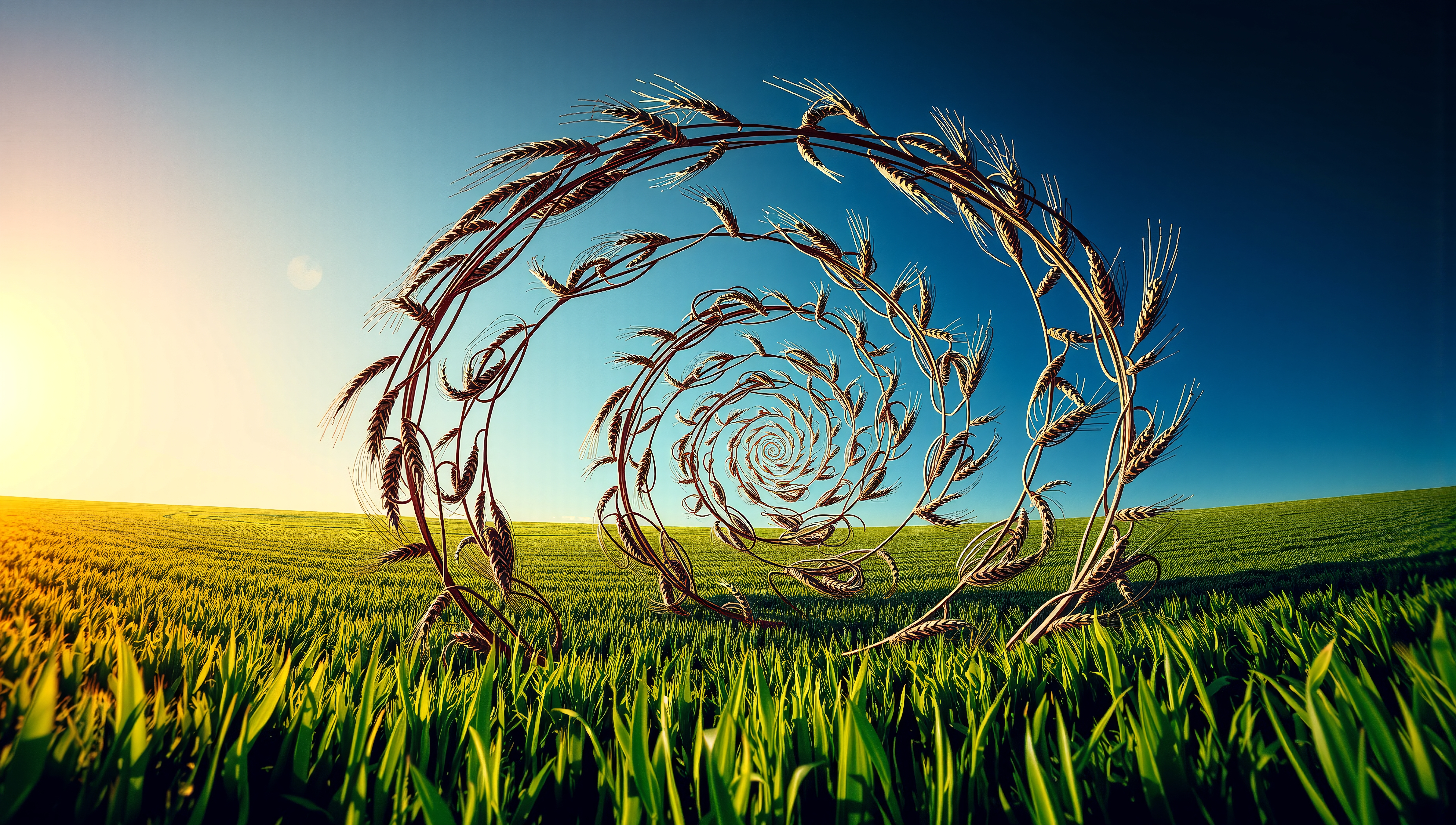 Surreal image of a wheat spiral under a clear blue sky in a sunlit field.