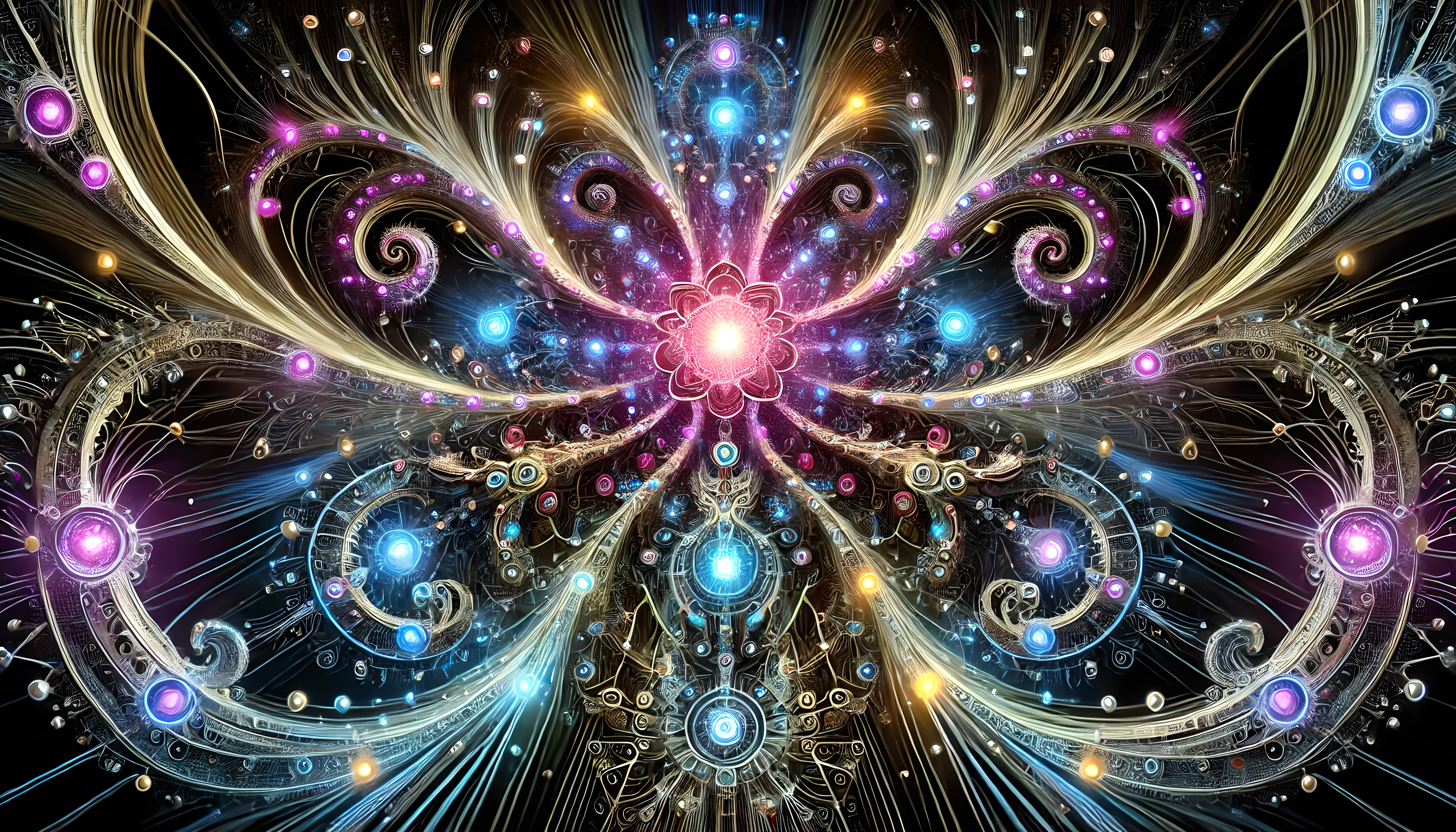Intricate fractal design with vibrant swirls, floral motifs, and glowing colors.