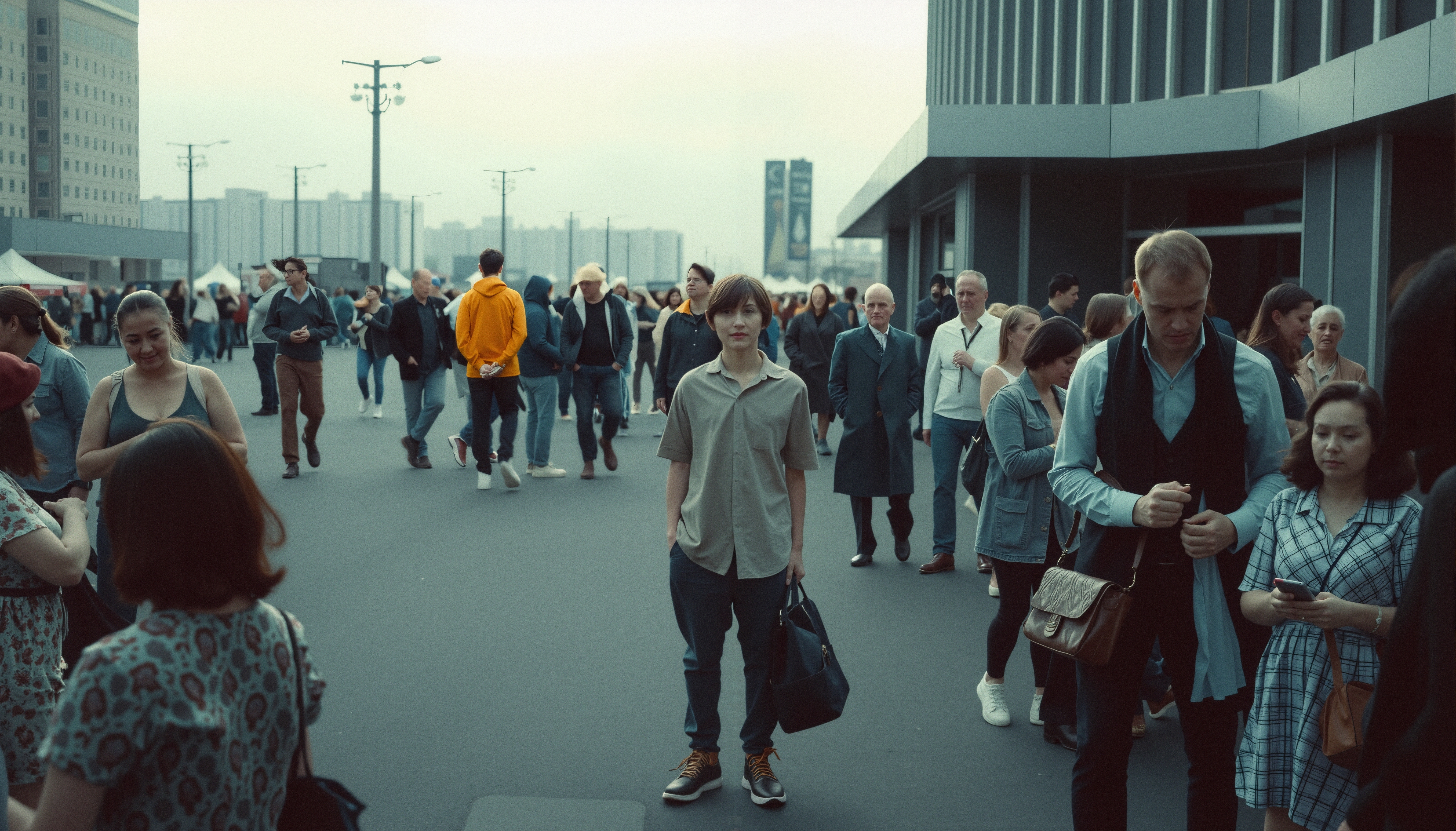 A person stands out amidst a busy crowd on a bustling city street, surrounded by people moving in different directions.