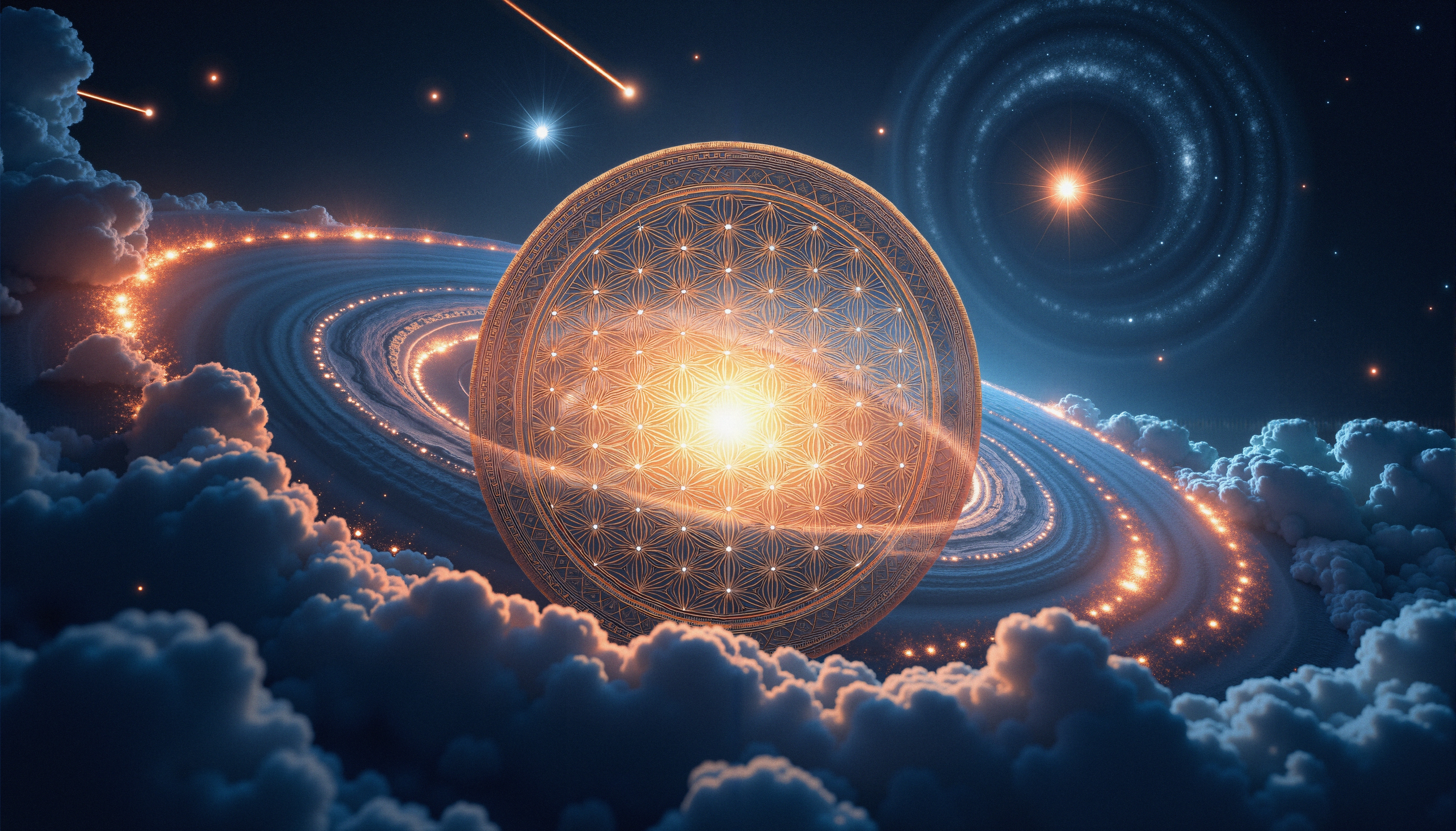 Luminous geometric sphere amidst cosmic clouds and stars, creating an ethereal, otherworldly scene.