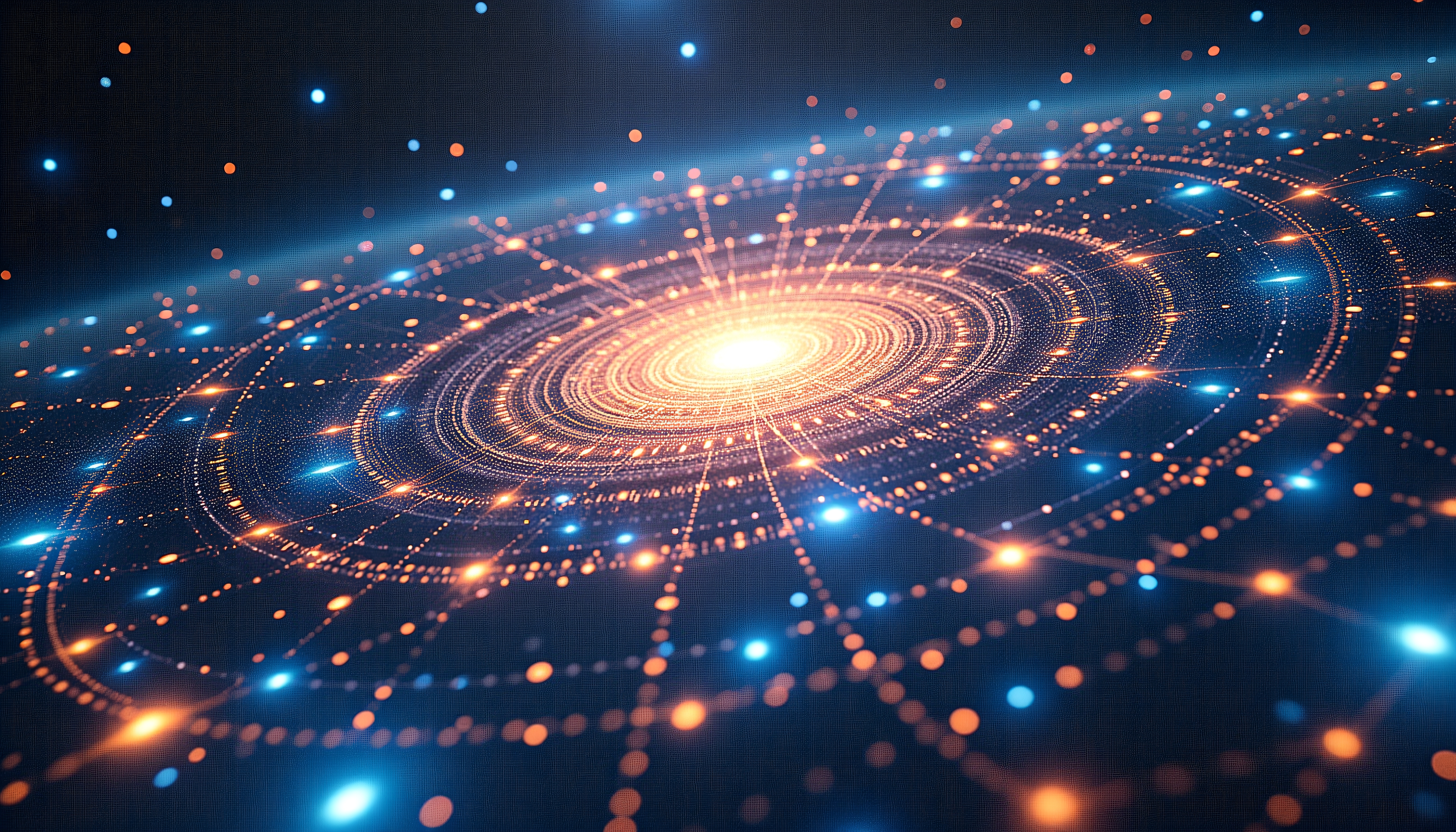 A vibrant abstract digital network with glowing lights and cosmic design.