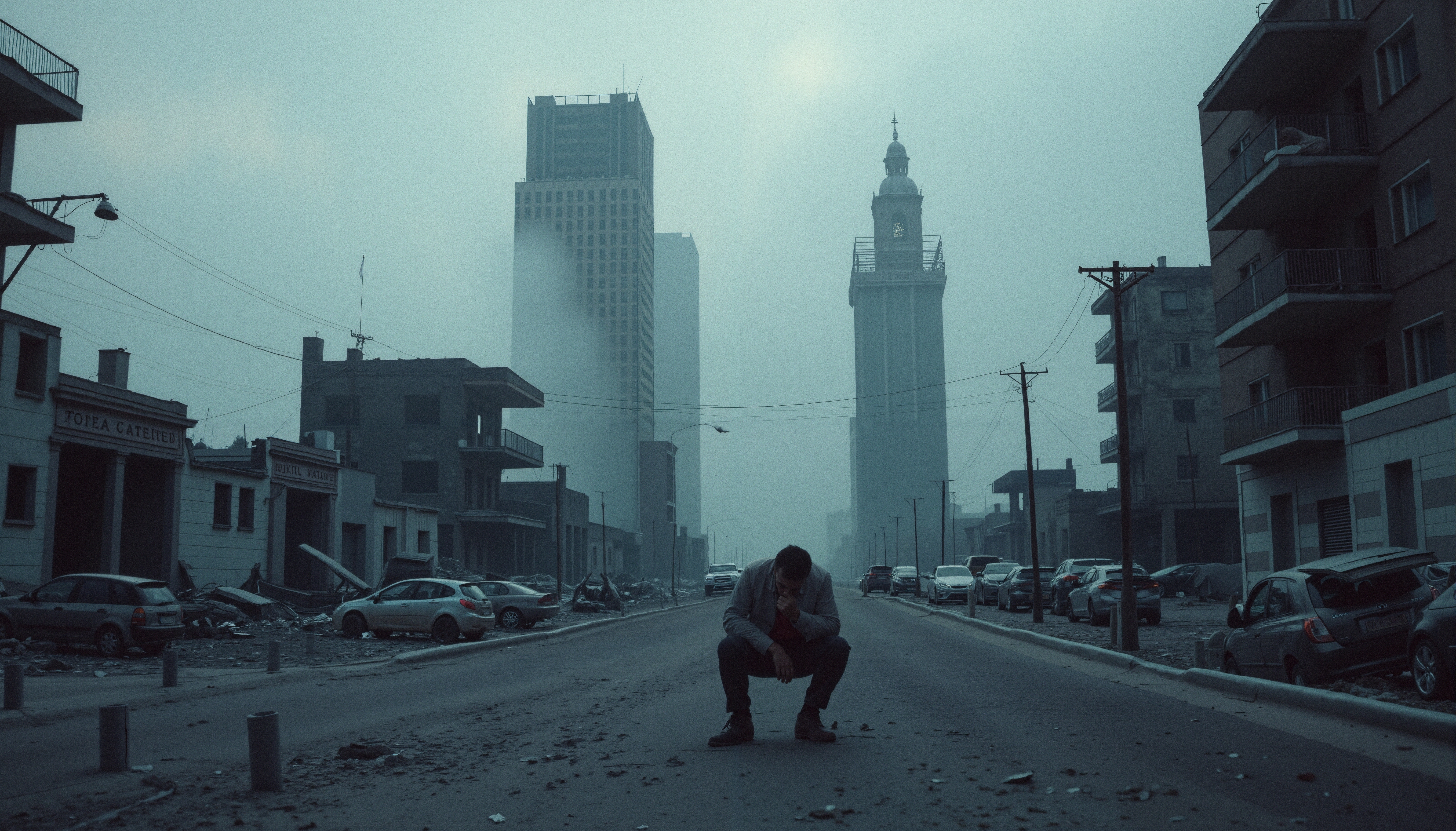 Post-Apocalyptic Urban Ruin Street Scene with Solitary Figure