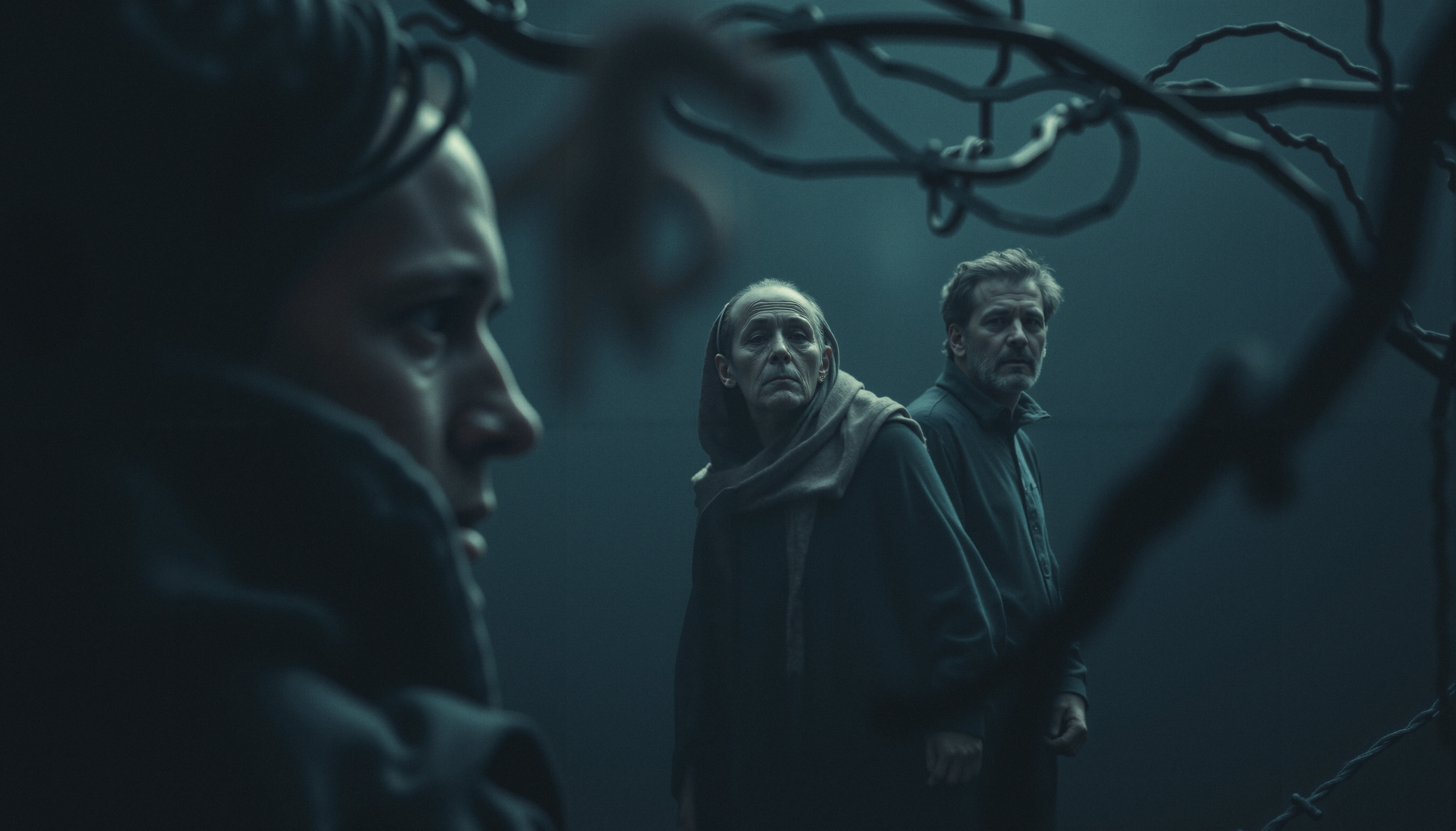Three people in mysterious setting surrounded by twisted branches, creating a tense atmospheric mood.