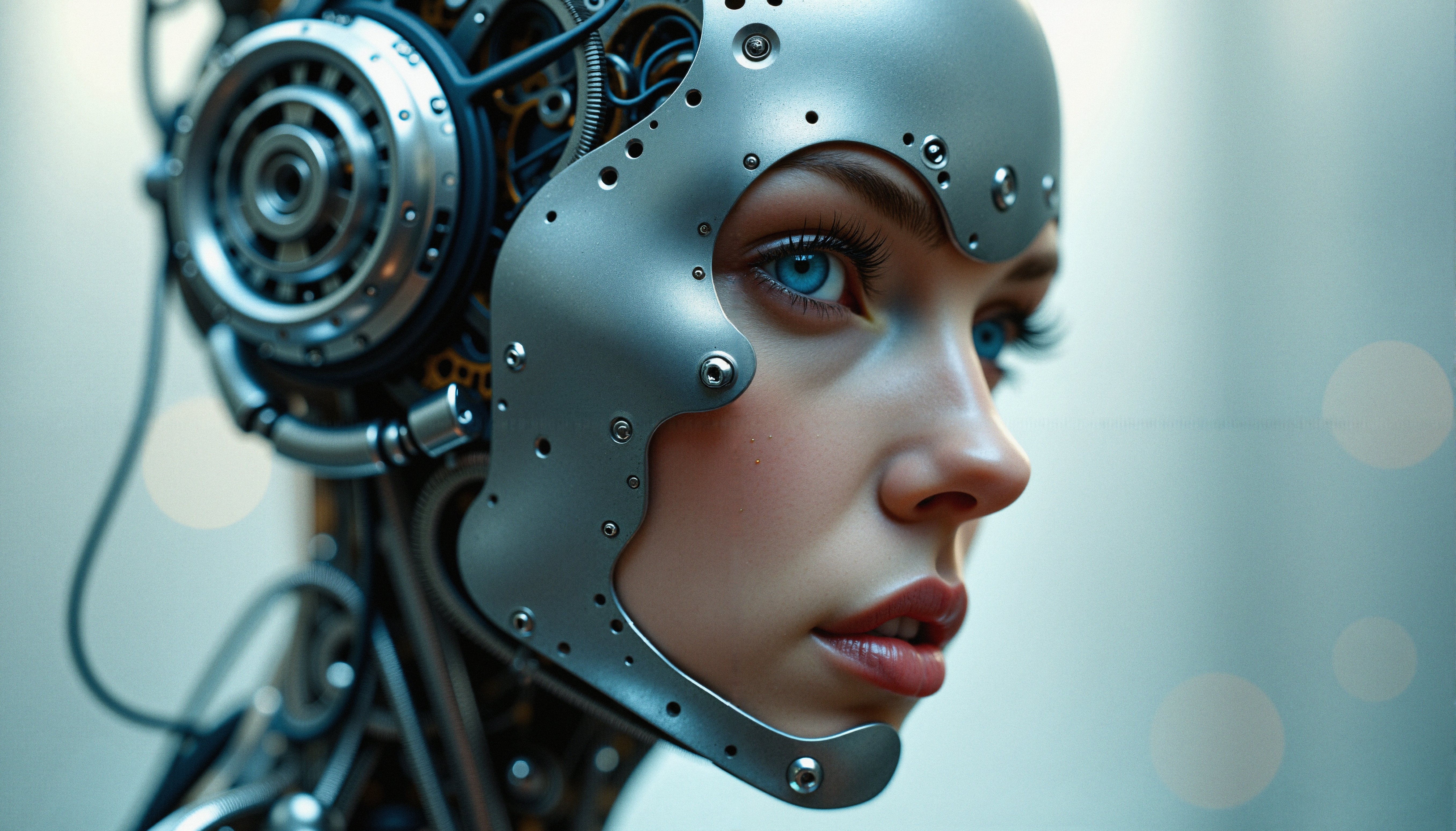Futuristic robotic woman with glowing blue eyes and exposed mechanical internals