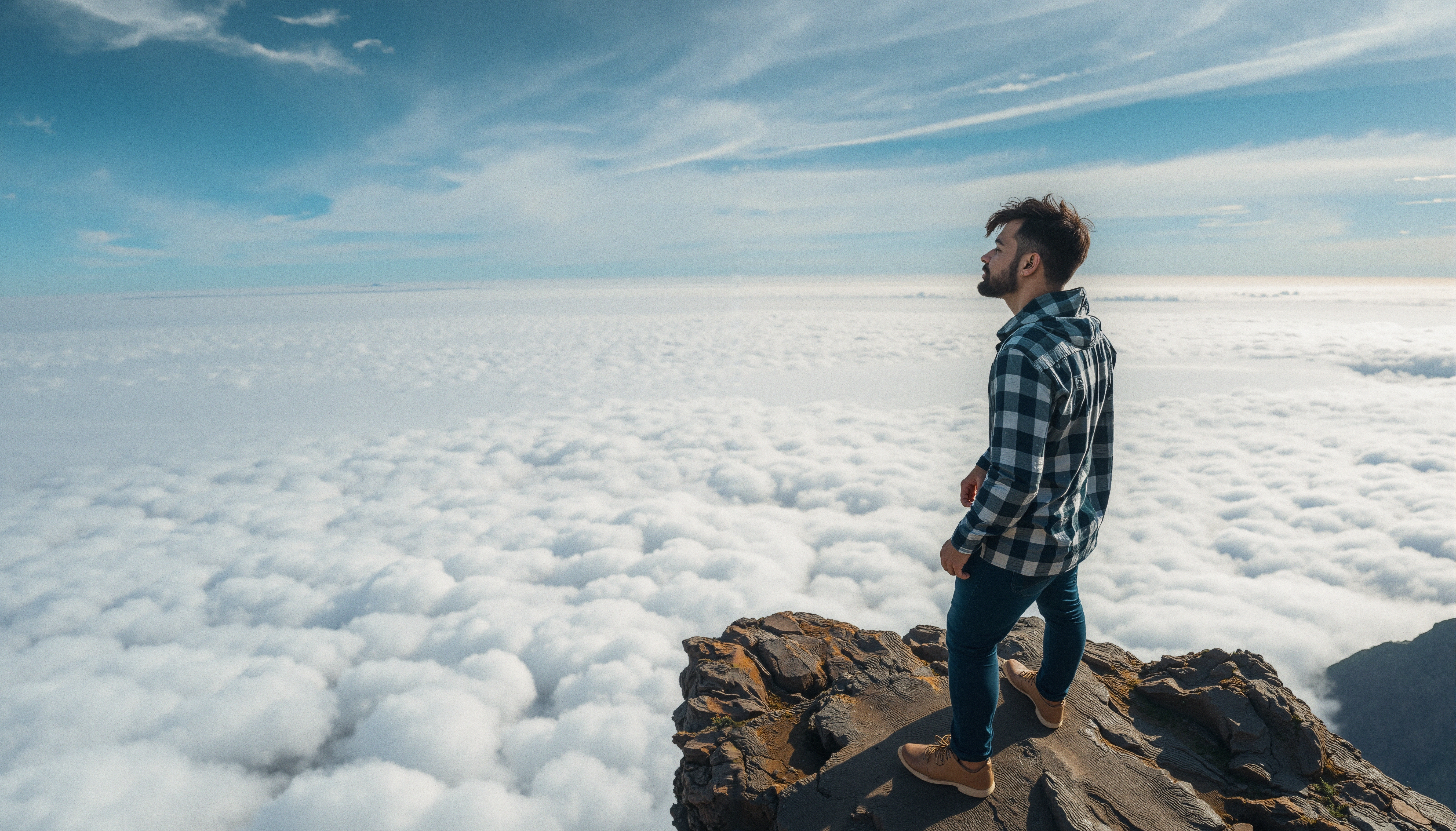Man Standing on Rocky Cliff Overlooking Sea of Clouds