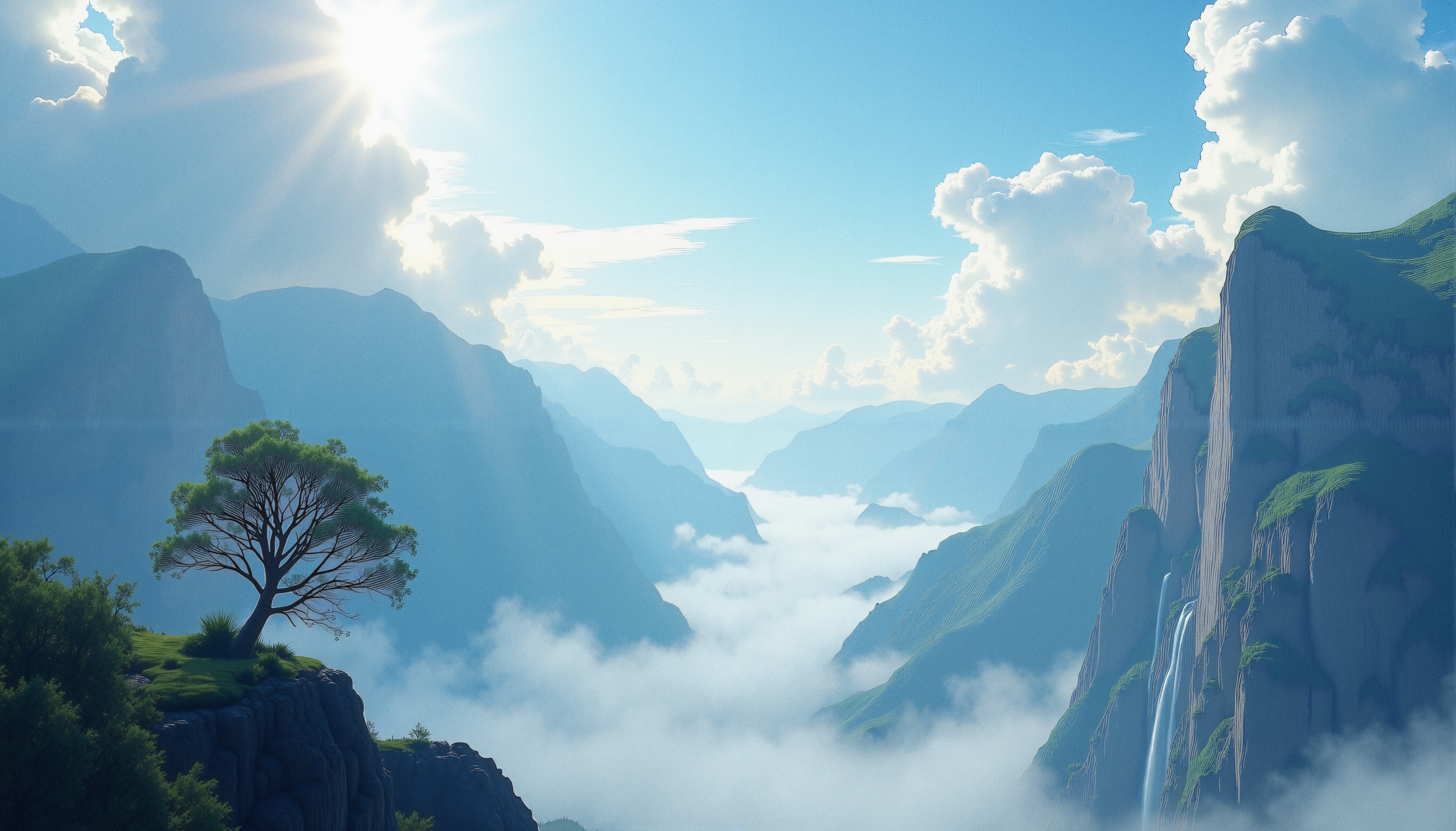 Majestic mountain landscape with tree, waterfall, mist, and sunlight.