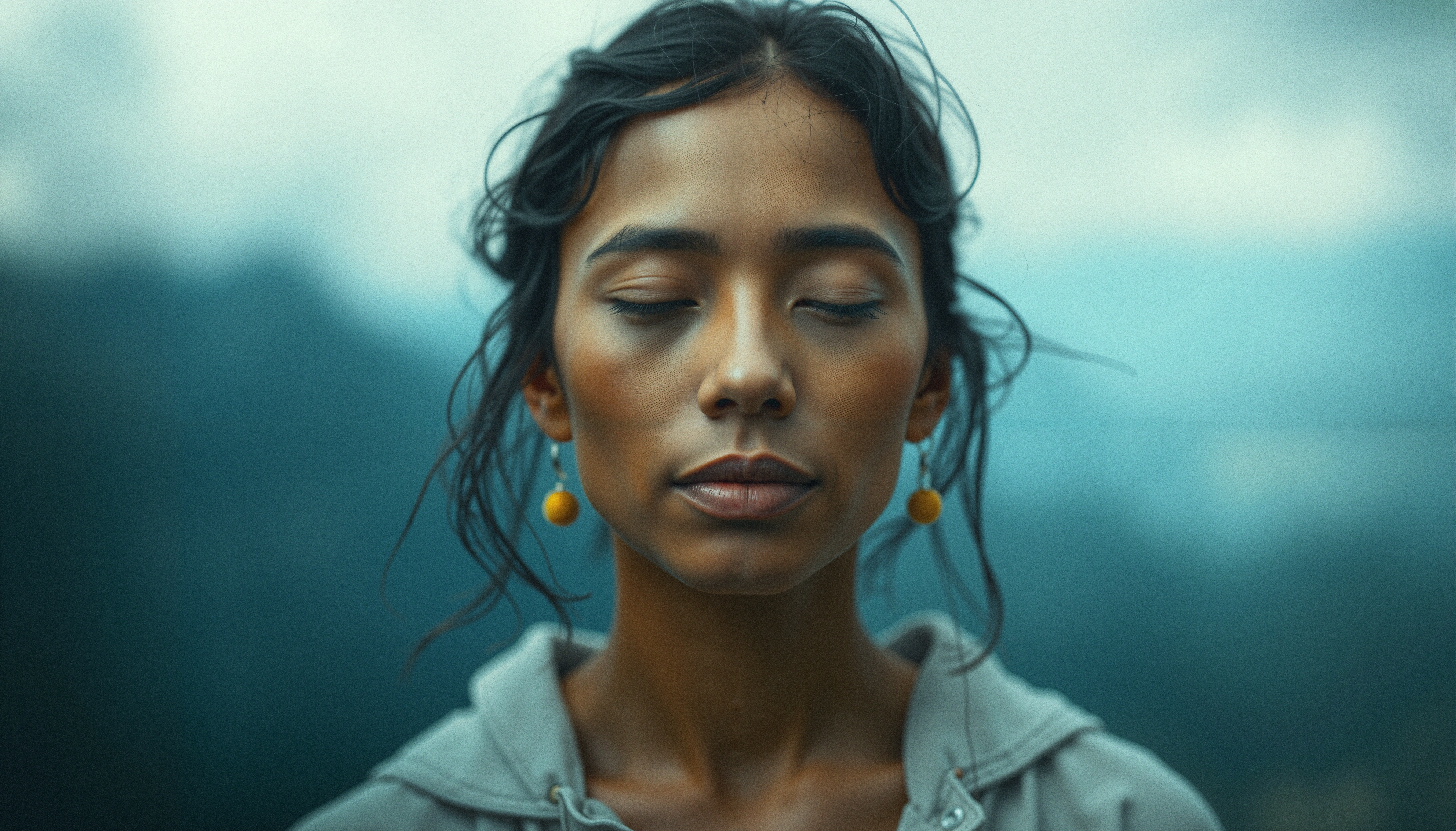 A serene woman with closed eyes wearing yellow earrings, lost in thought outdoors.