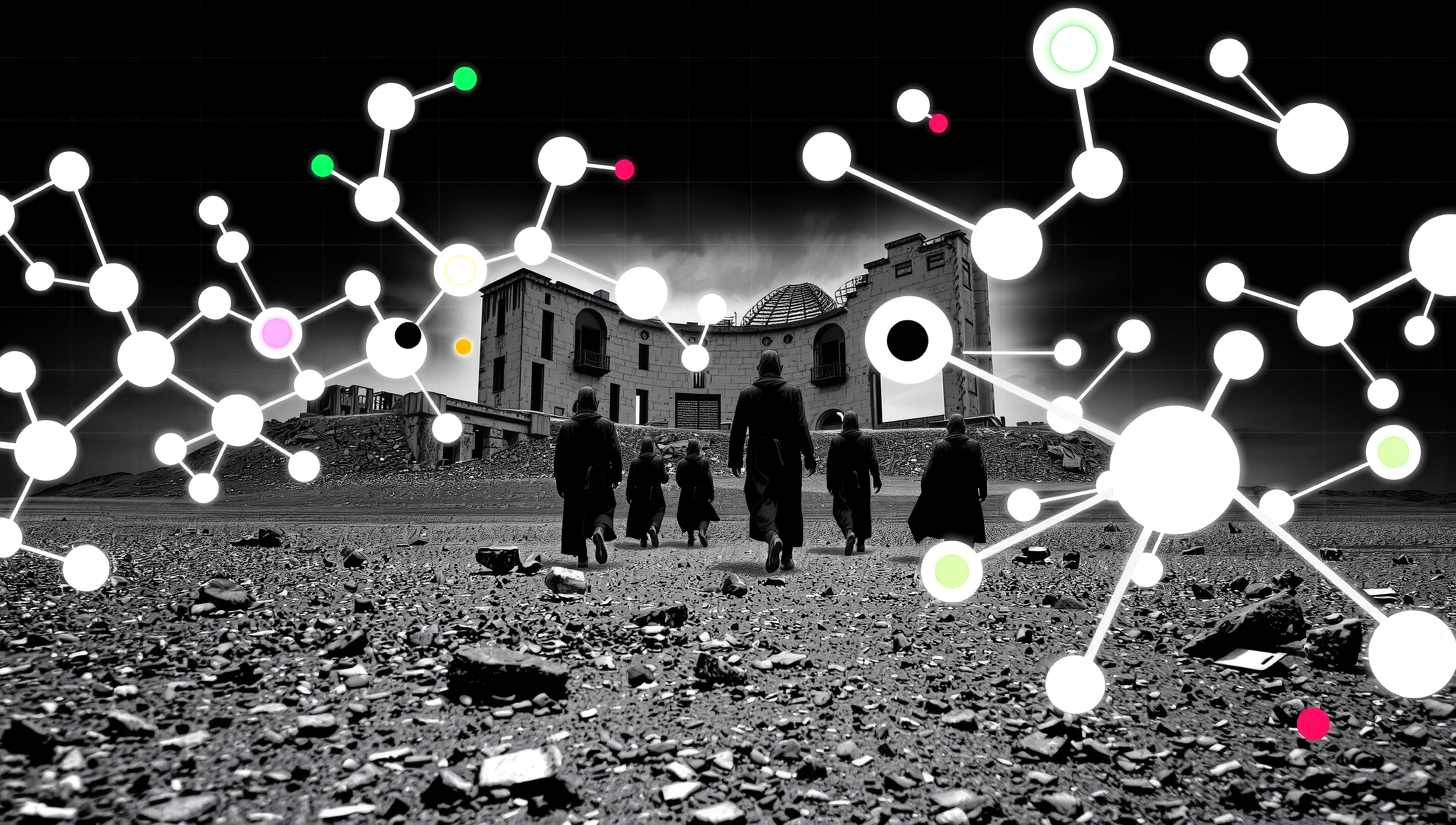 A group of figures walks towards an old observatory under a network of colorful nodes in a desolate landscape.
