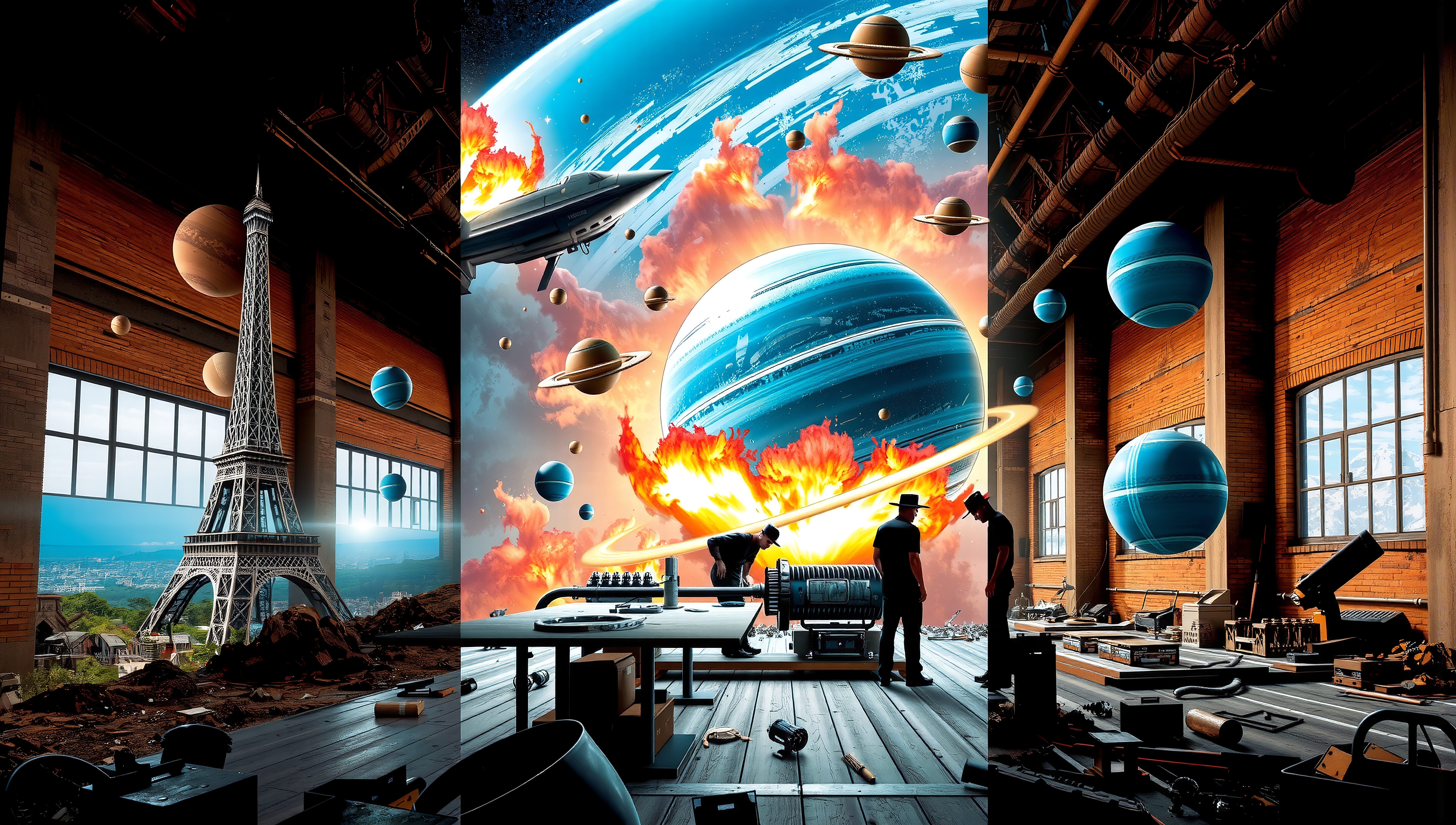 A surreal industrial workshop with space elements, planets, and Eiffel Tower.