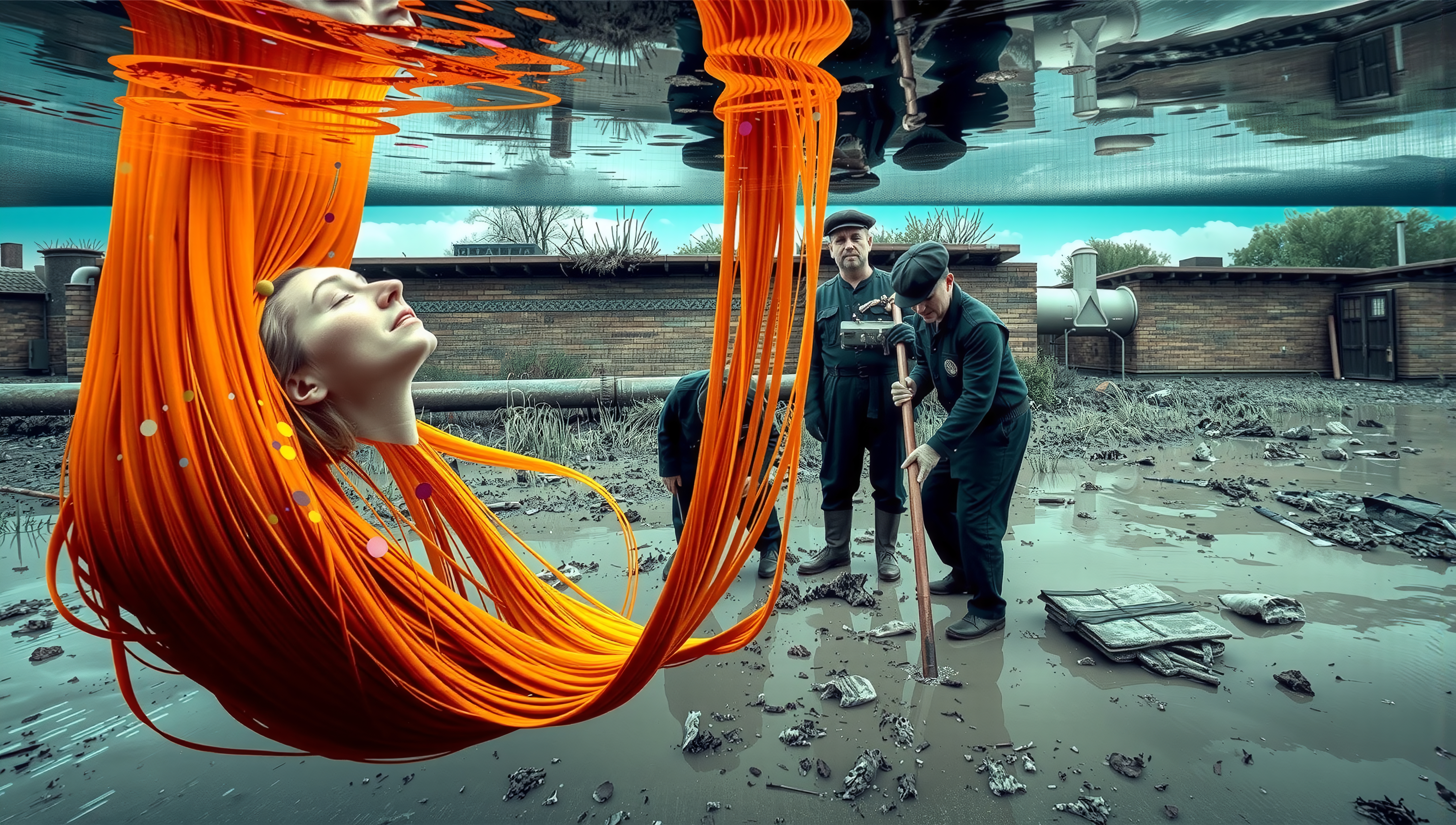 Floating Woman Above Muddy Workers