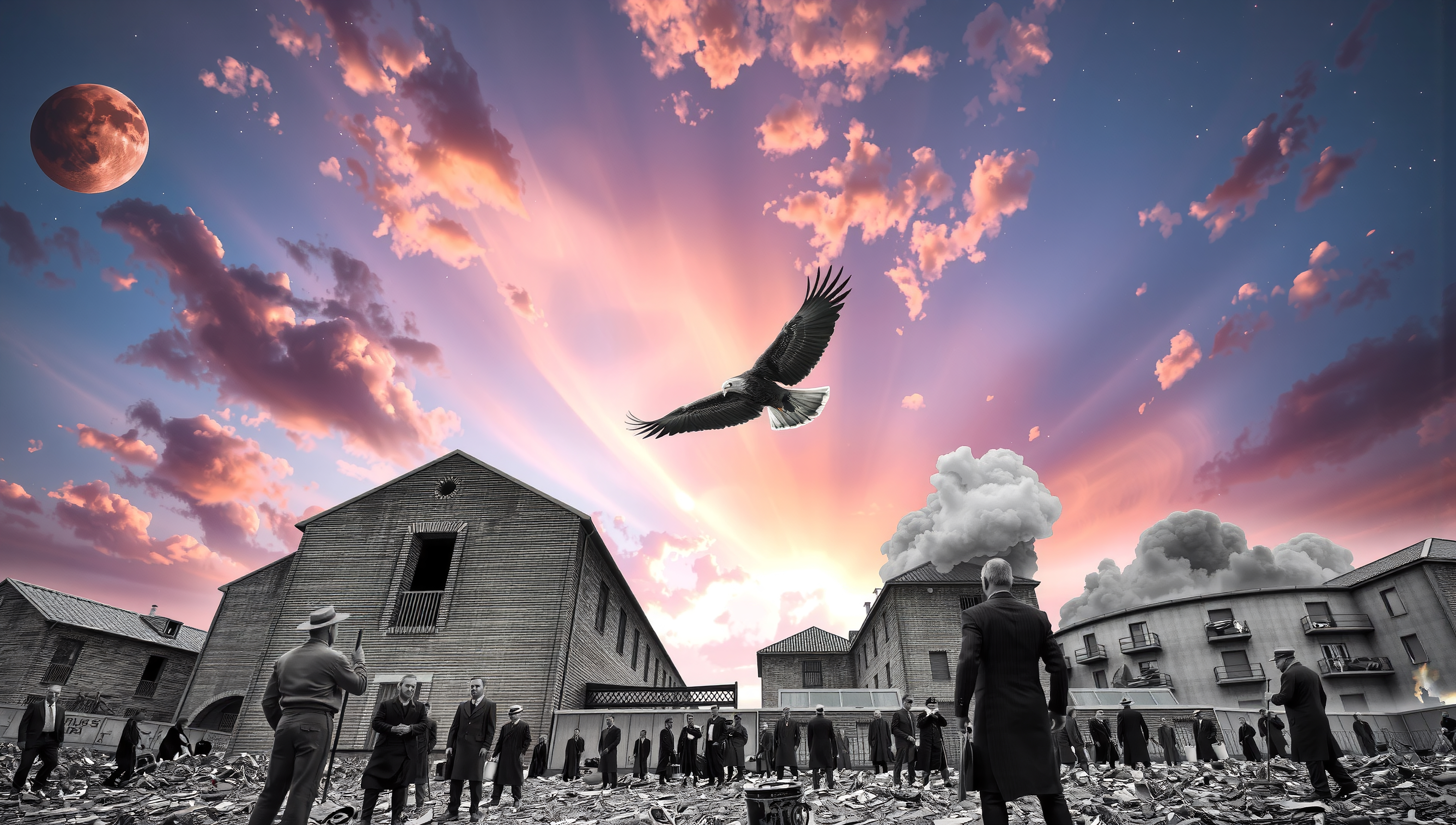 Eagle soaring above ruins and vibrant sunset sky.