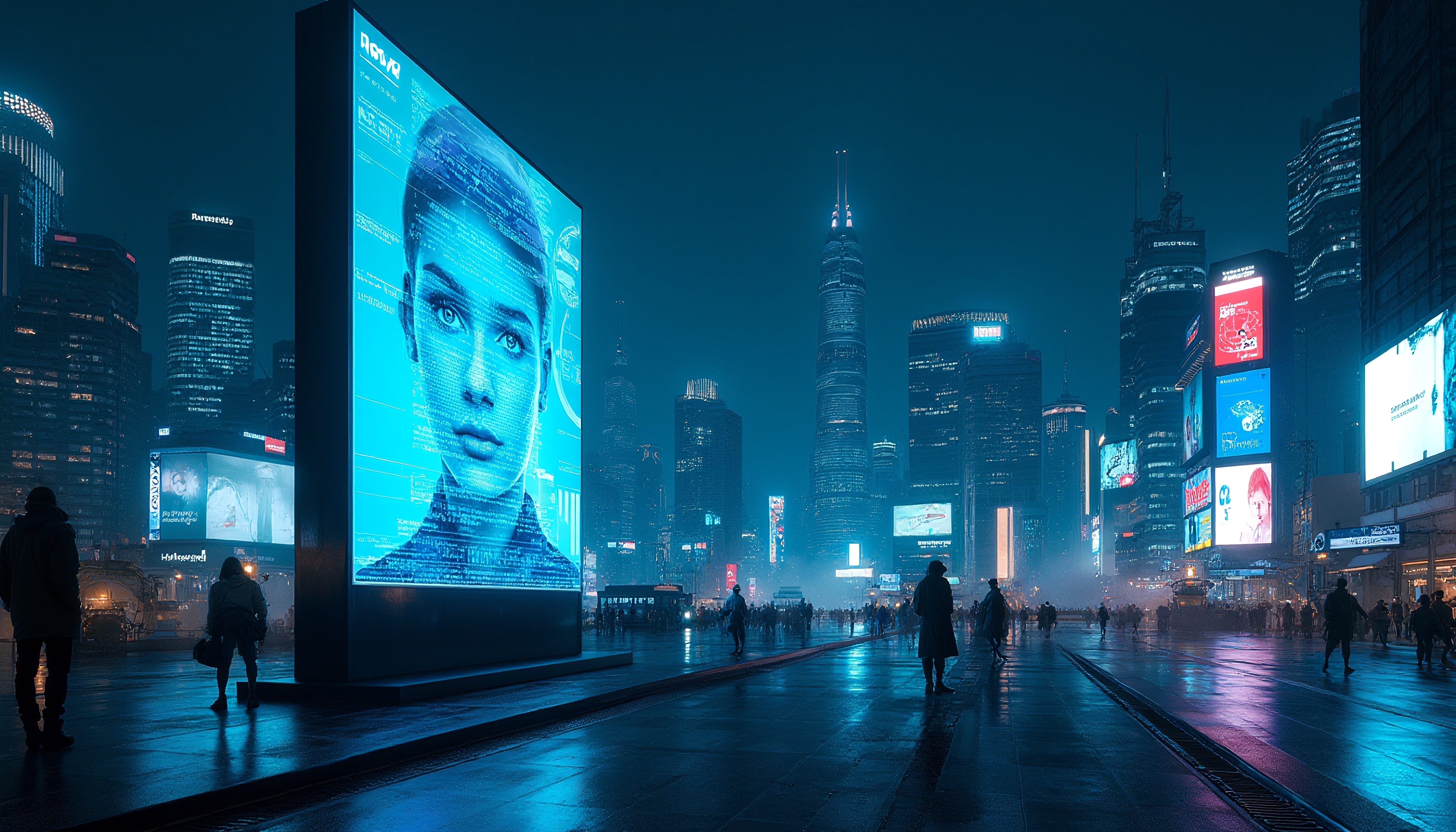 Futuristic cityscape with digital billboards and neon lights at night.