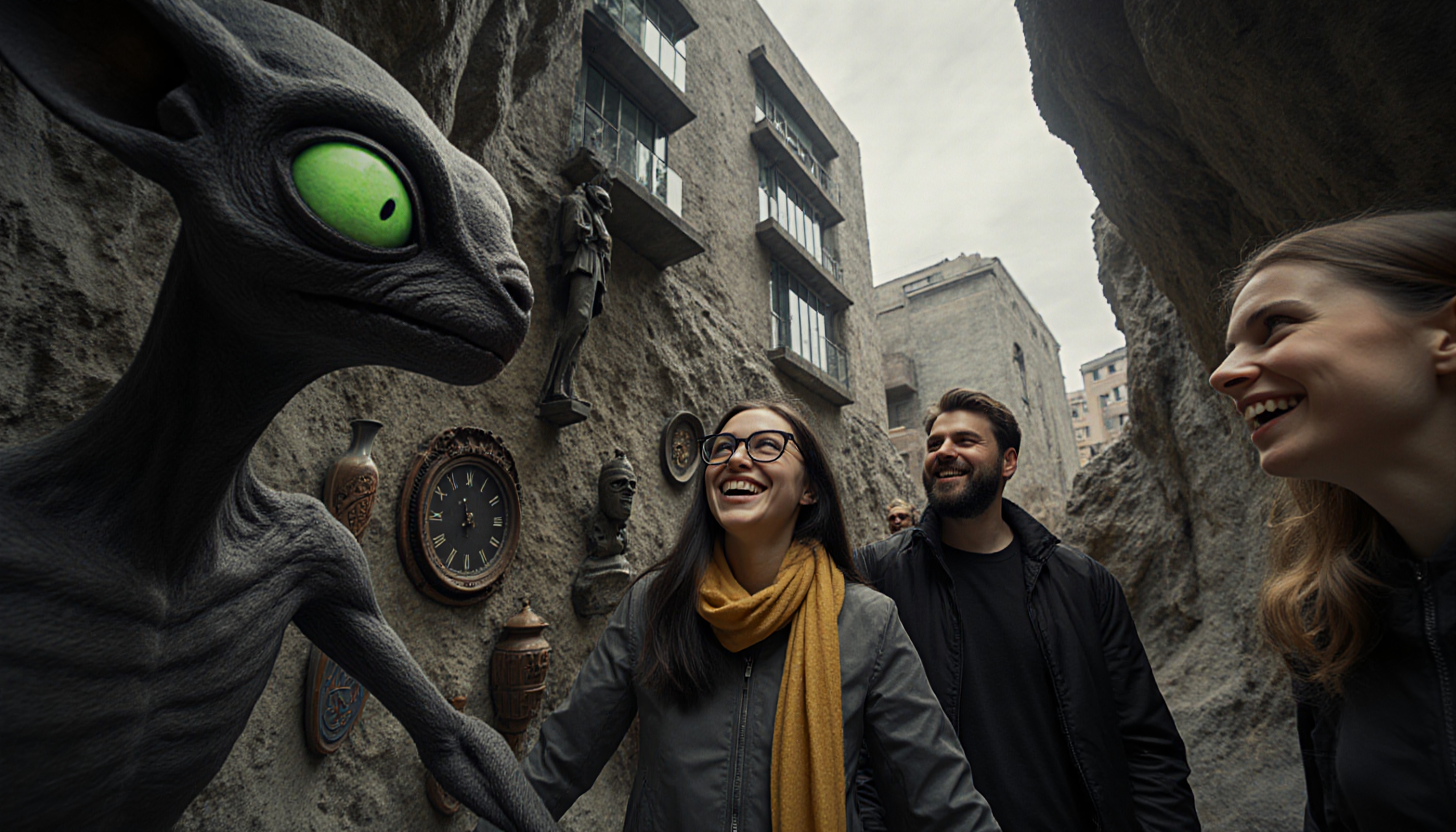 People interacting with a large, enigmatic statue in a rocky, artifact-filled passageway.