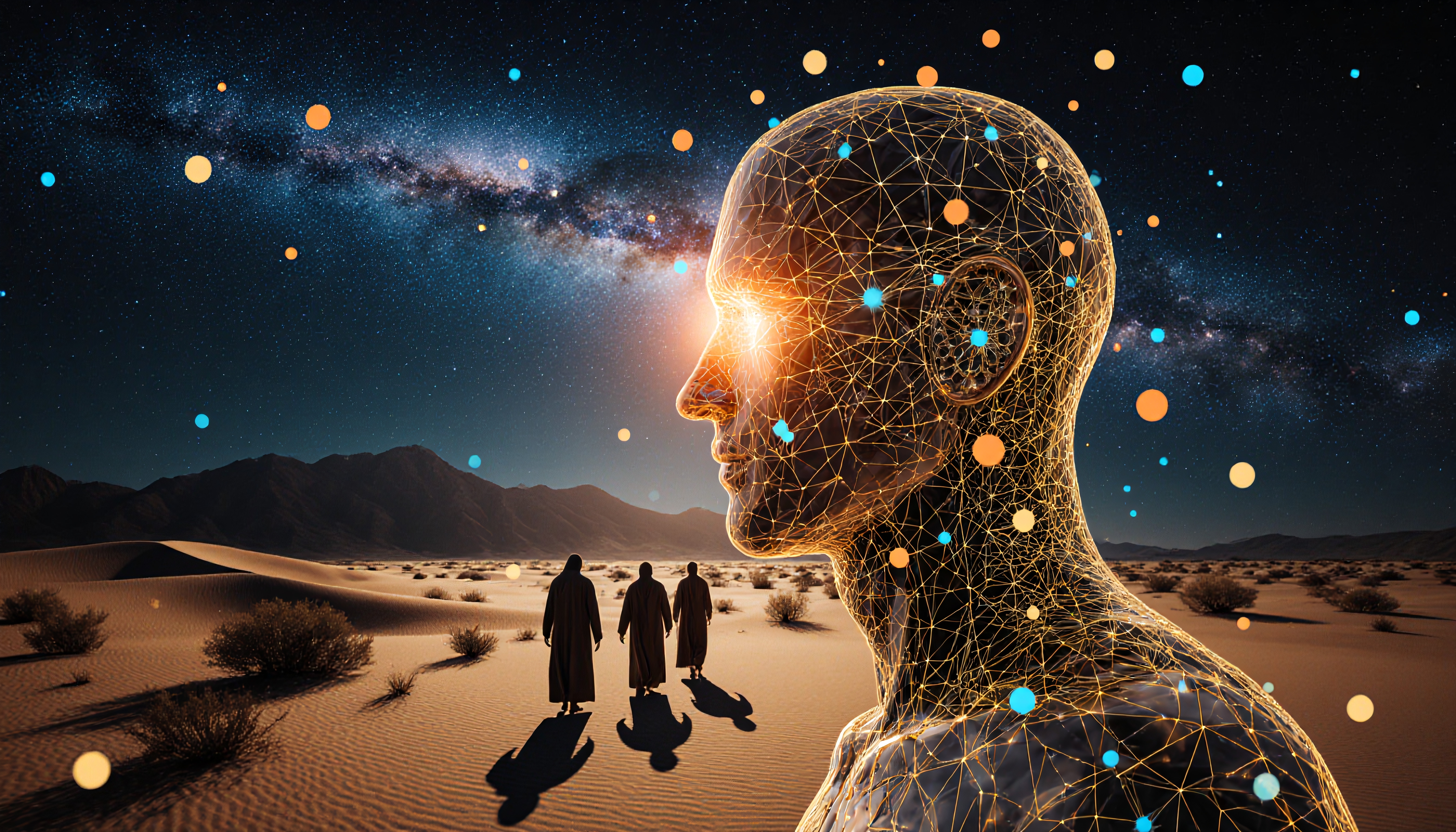 A futuristic digital art piece showing a glowing human head, interconnected with nodes, set against a starry cosmic desert backdrop with robed figures exploring the landscape.