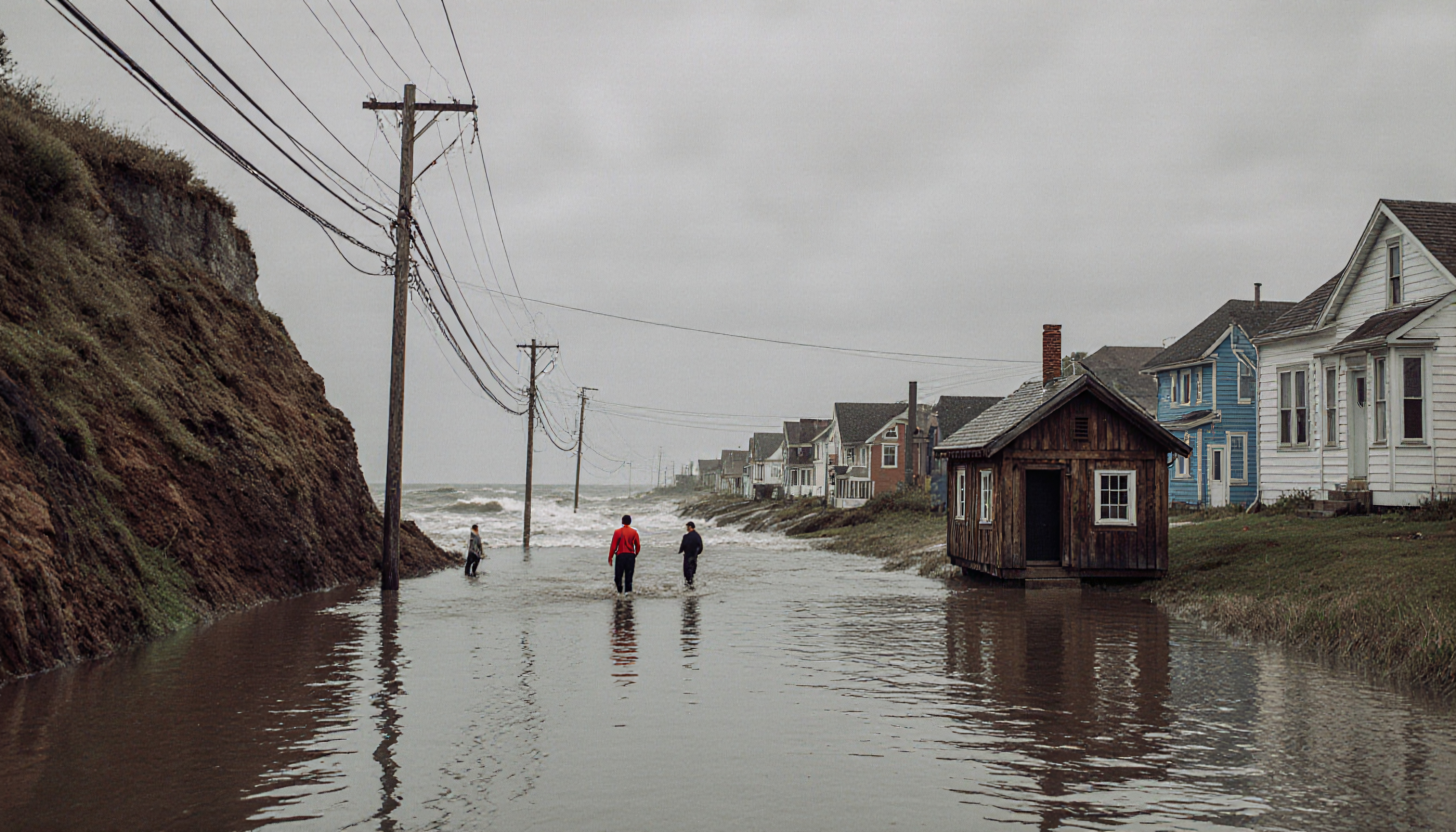 Flooded coastal street with people walking through water, houses, wooden shack, cliff, power lines, ocean