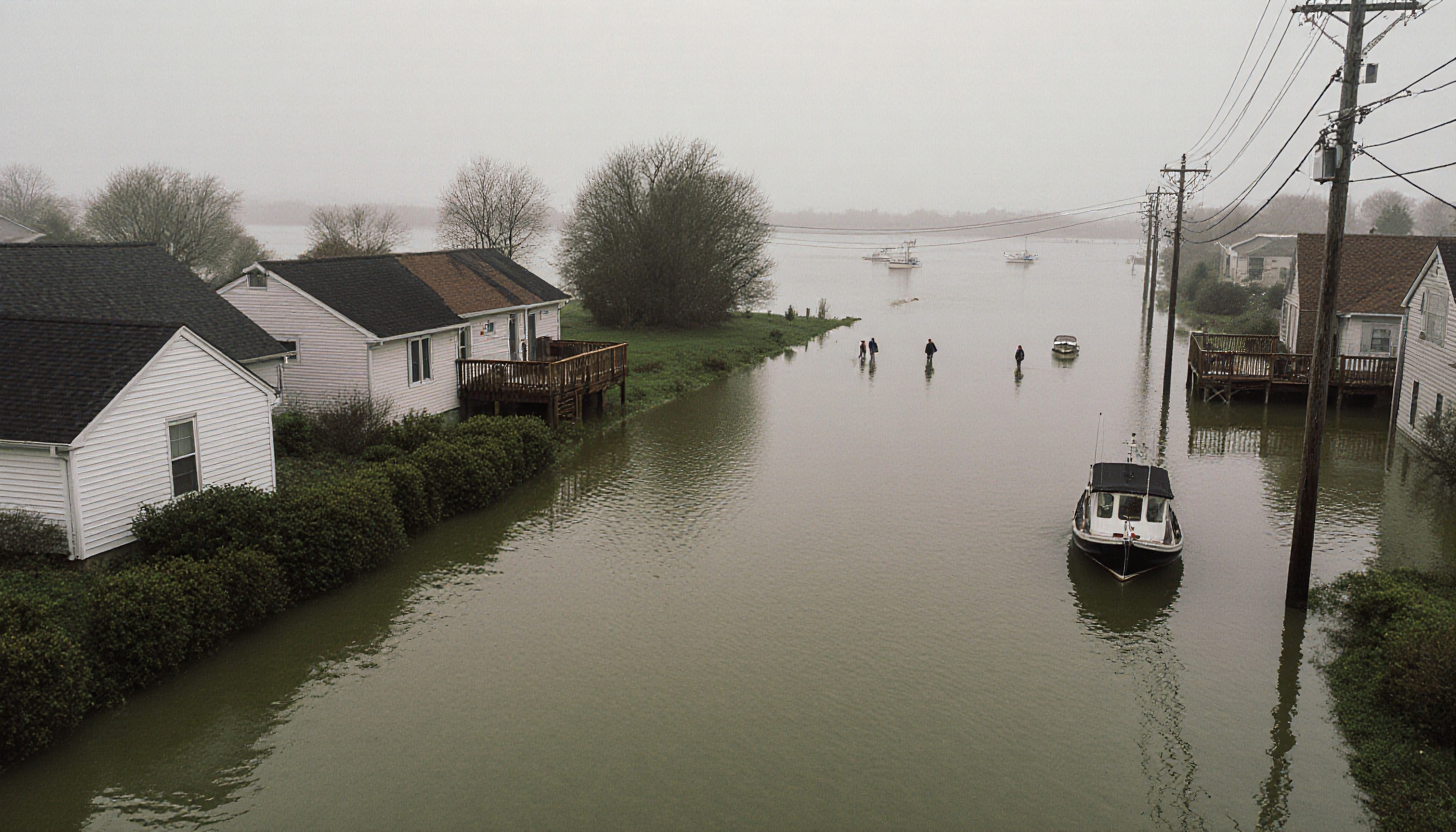 Flooded street with submerged houses and boat.