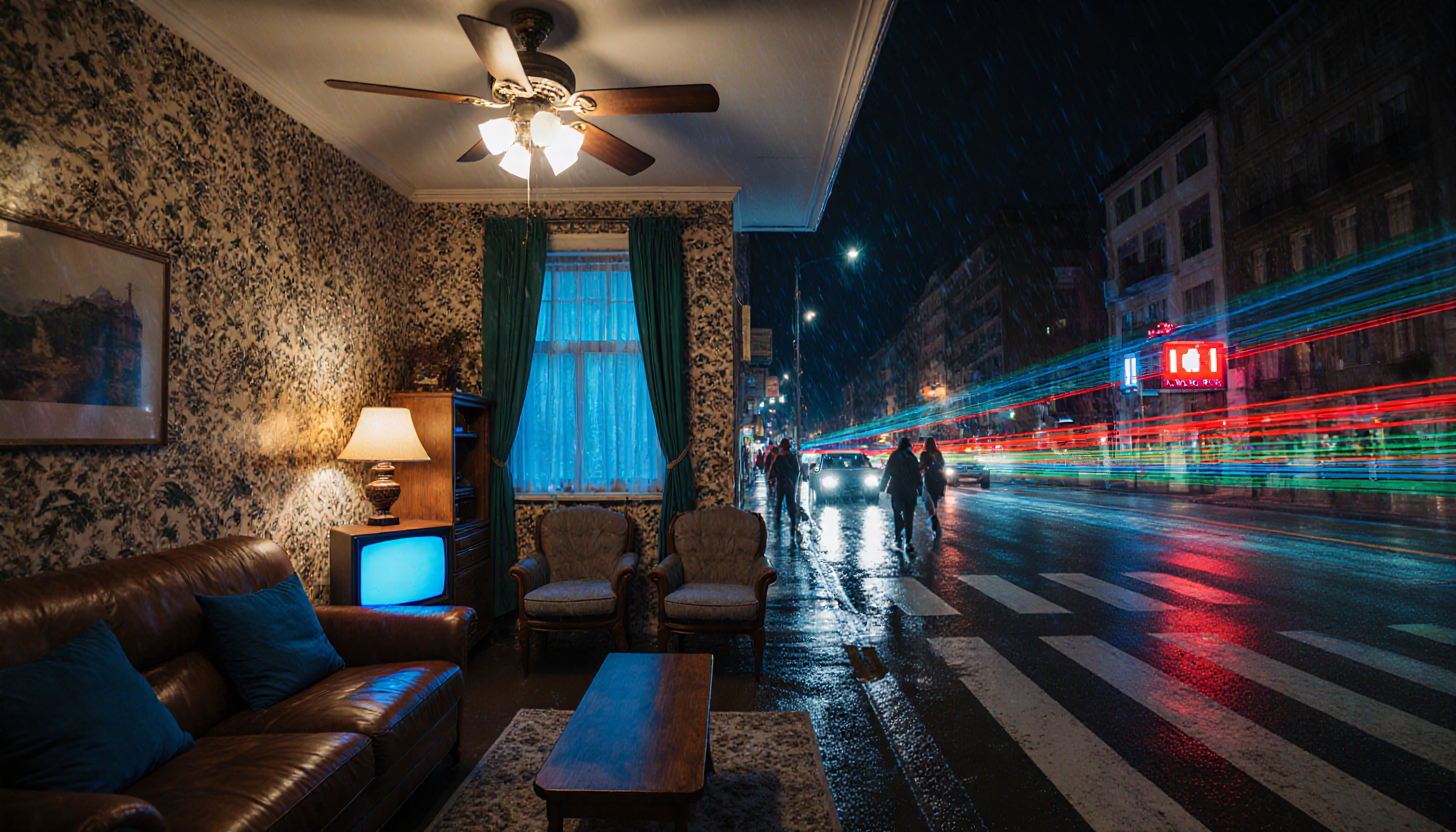 A cozy living room juxtaposed with a rainy, vibrant city street through a window.