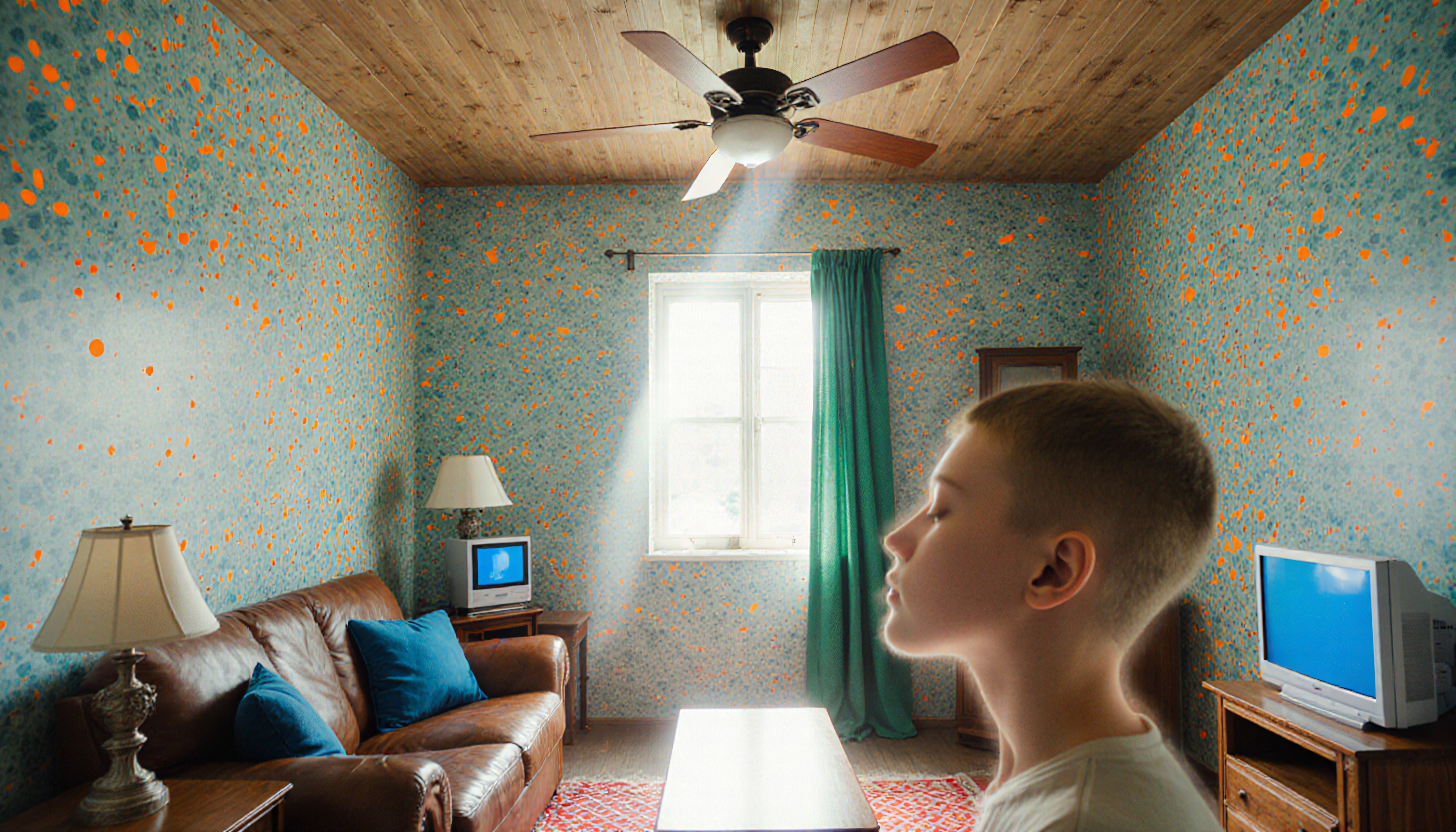 A young person stands in a sunlit, retro-themed room with patterned walls, brown leather sofa, and dual televisions.